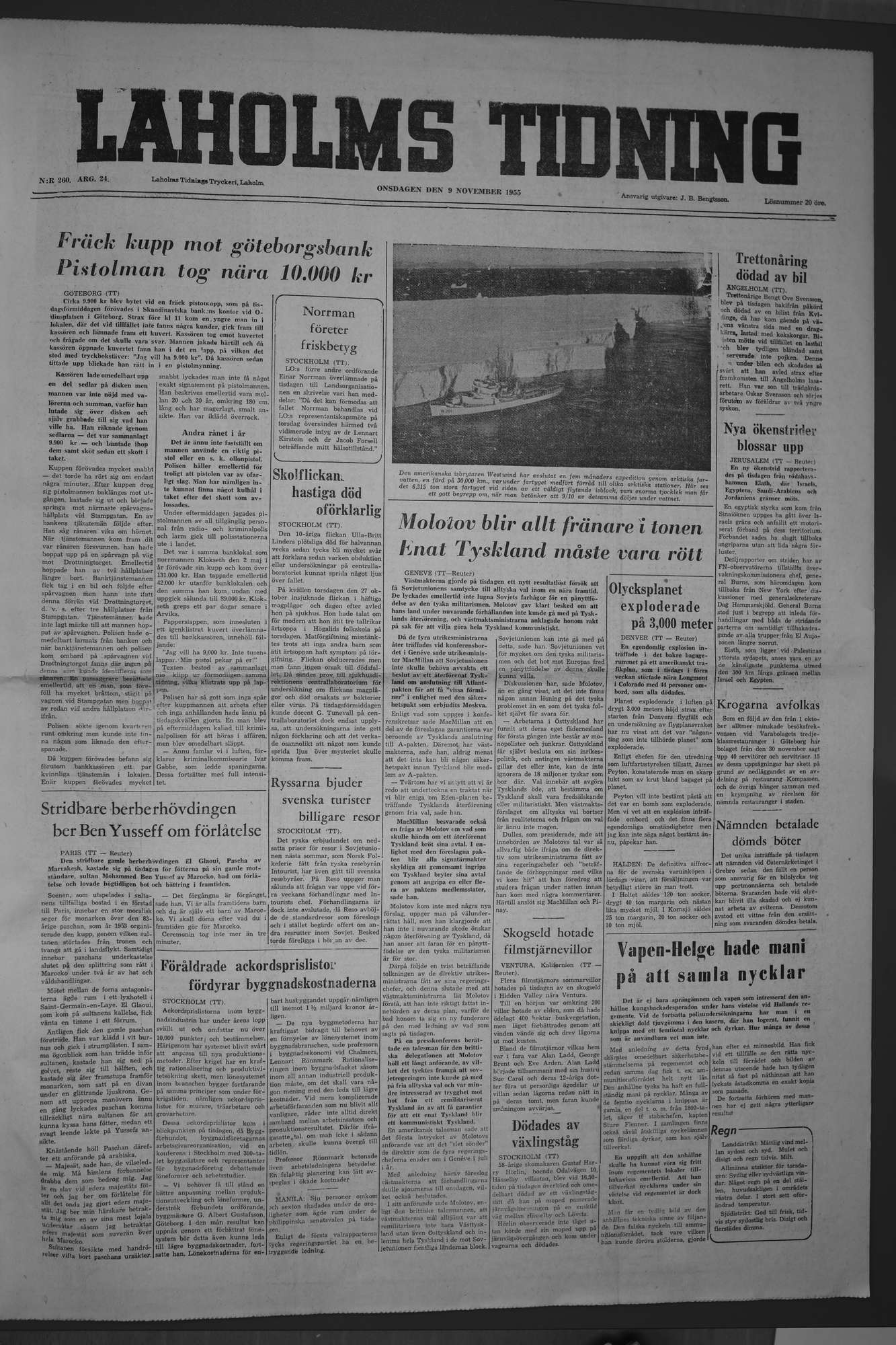 Laholms Tidning Onsdag 9 november 1955, sida 1