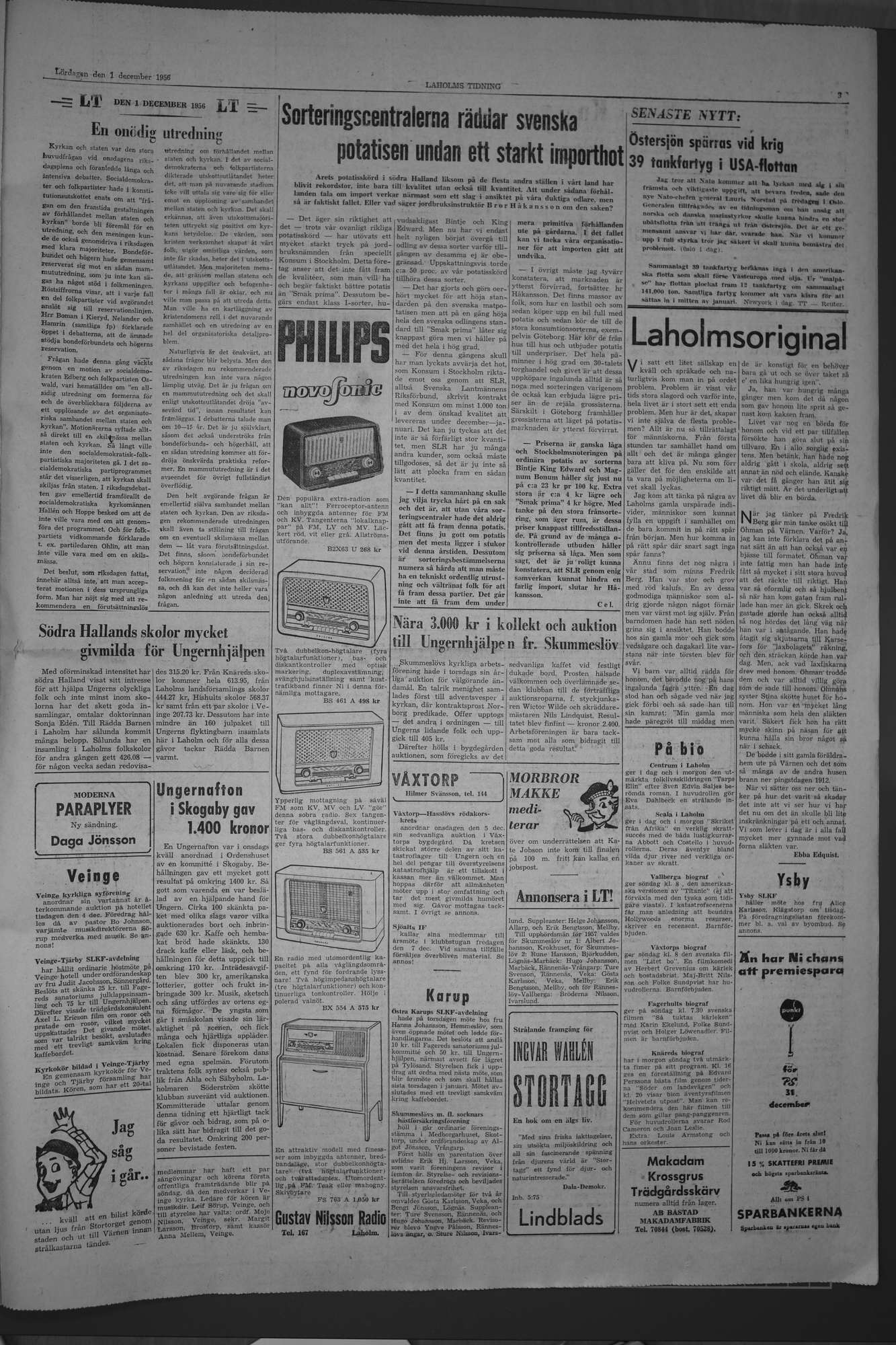 Laholms Tidning Lördag 1 december 1956, sida 3