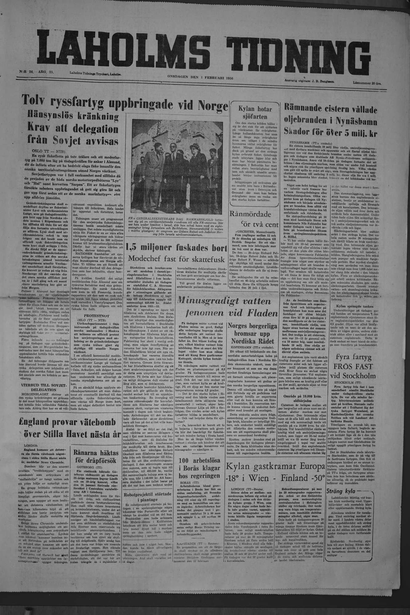 Laholms Tidning Onsdag 1 februari 1956, sida 1