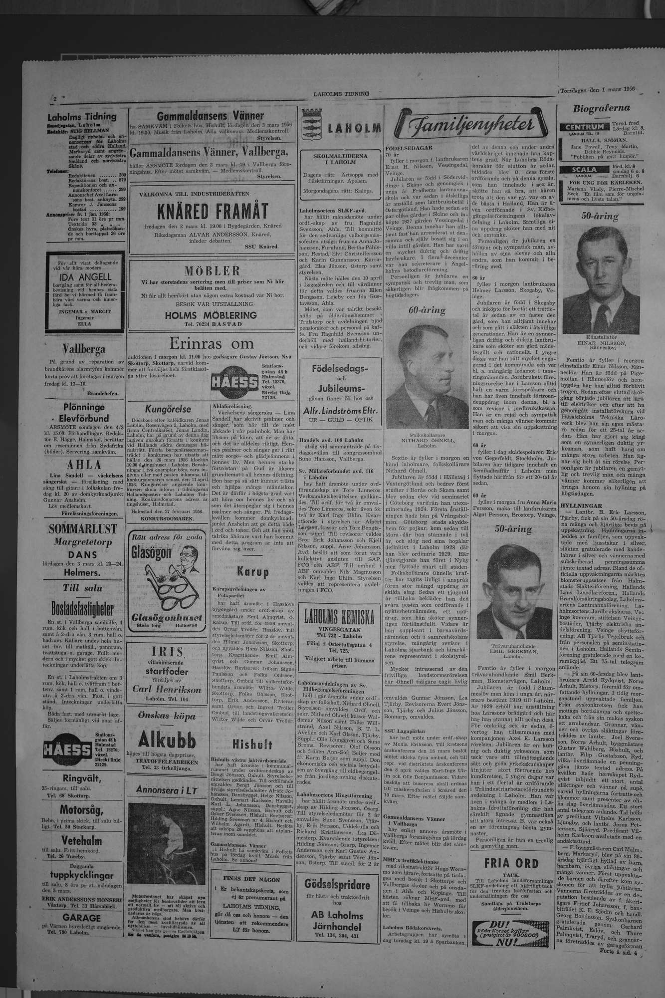 Laholms Tidning Torsdag 1 mars 1956, sida 2