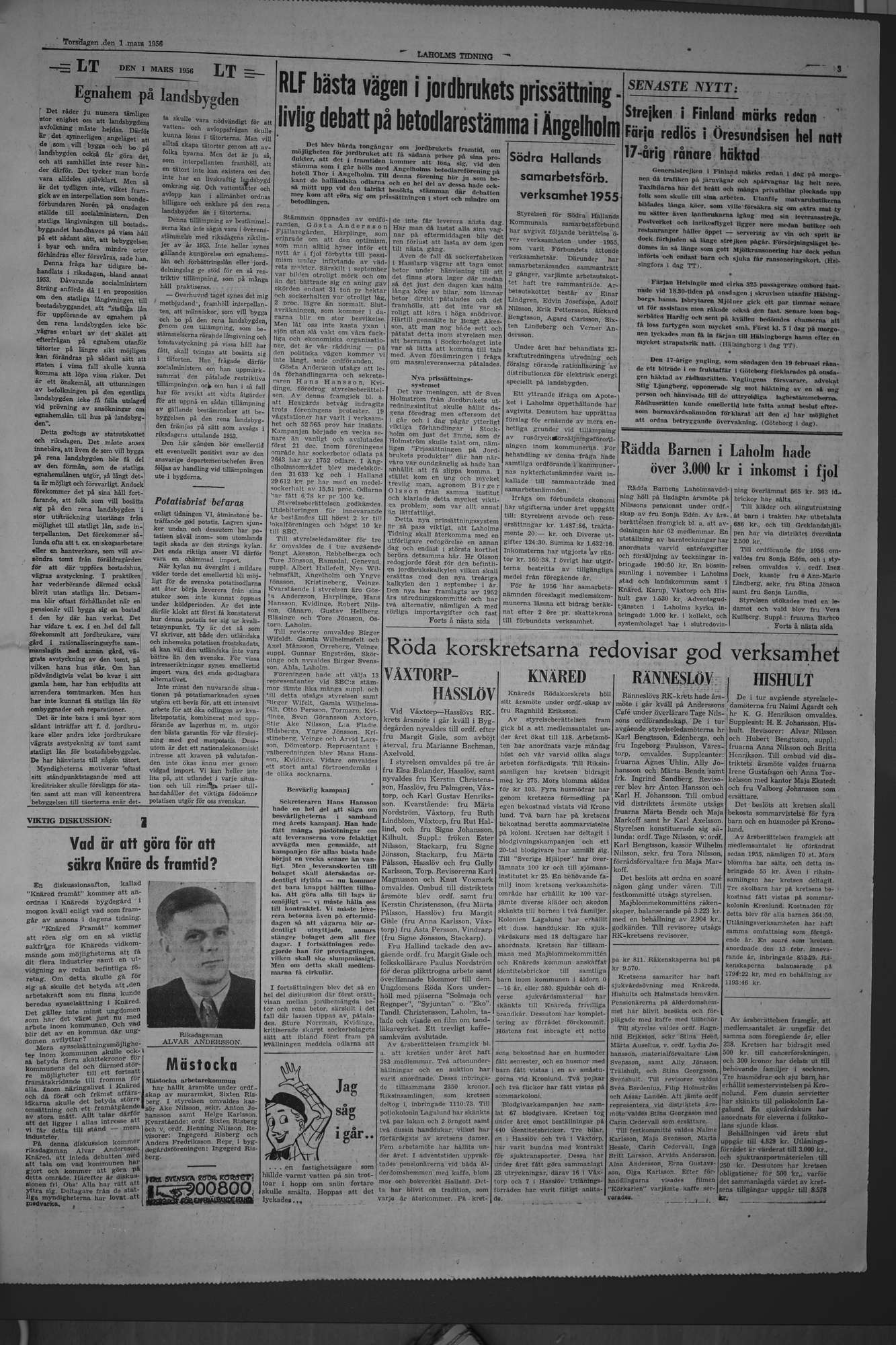 Laholms Tidning Torsdag 1 mars 1956, sida 3
