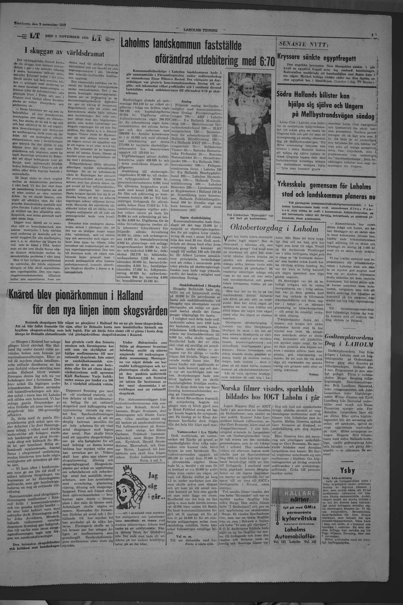 Laholms Tidning Torsdag 1 november 1956, sida 3