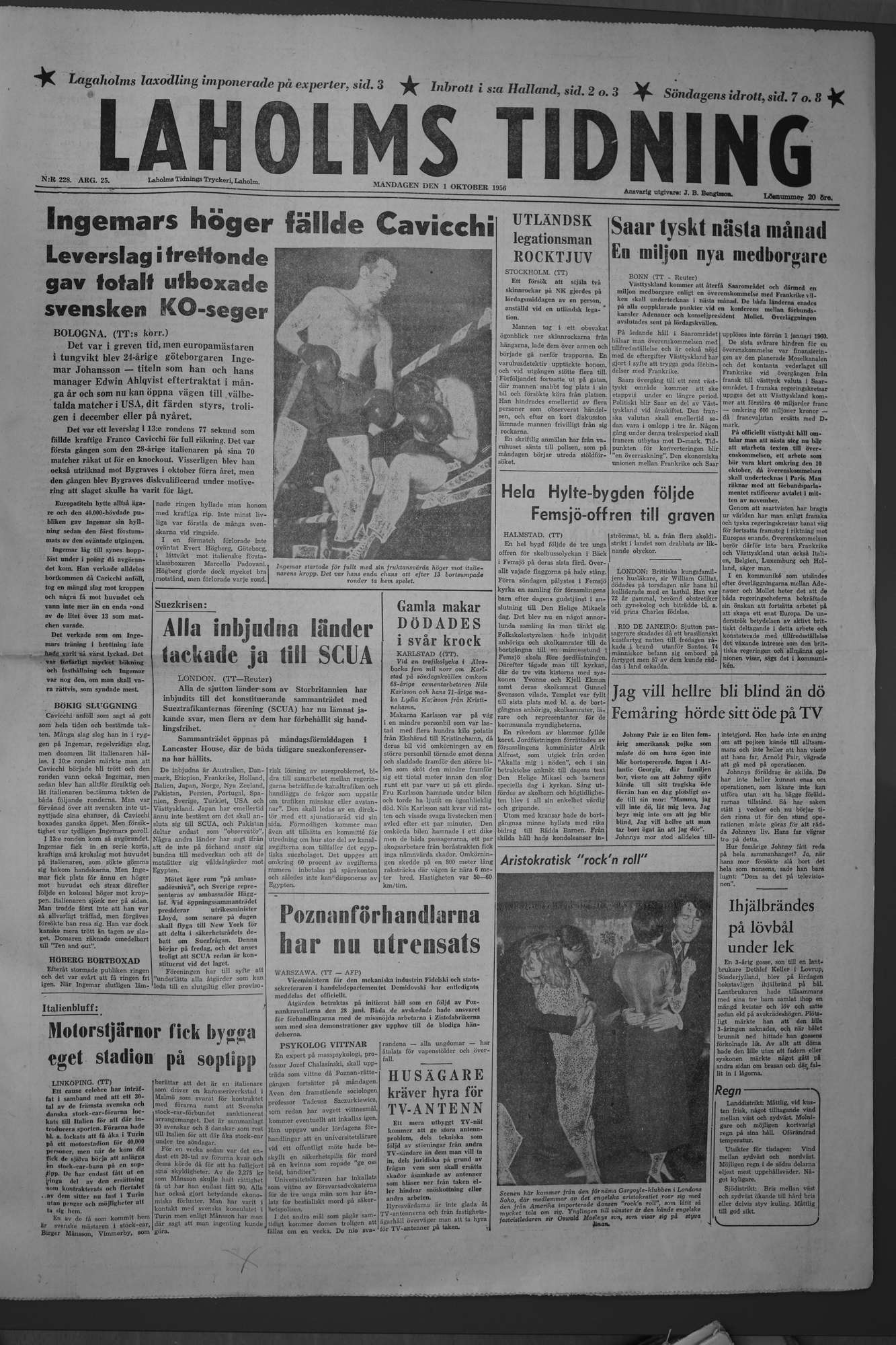 Laholms Tidning Måndag 1 oktober 1956, sida 1
