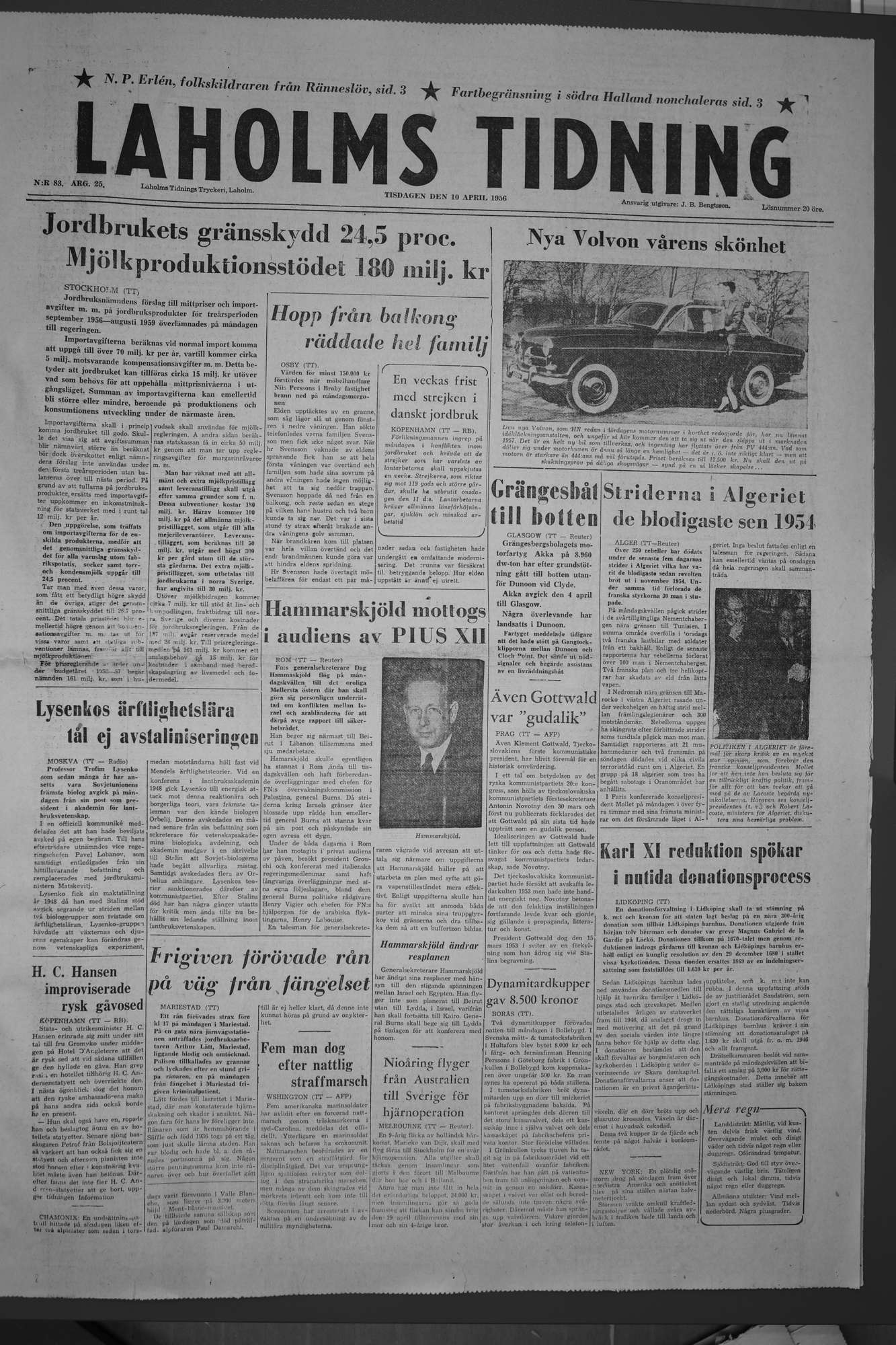 Laholms Tidning Tisdag 10 april 1956, sida 1