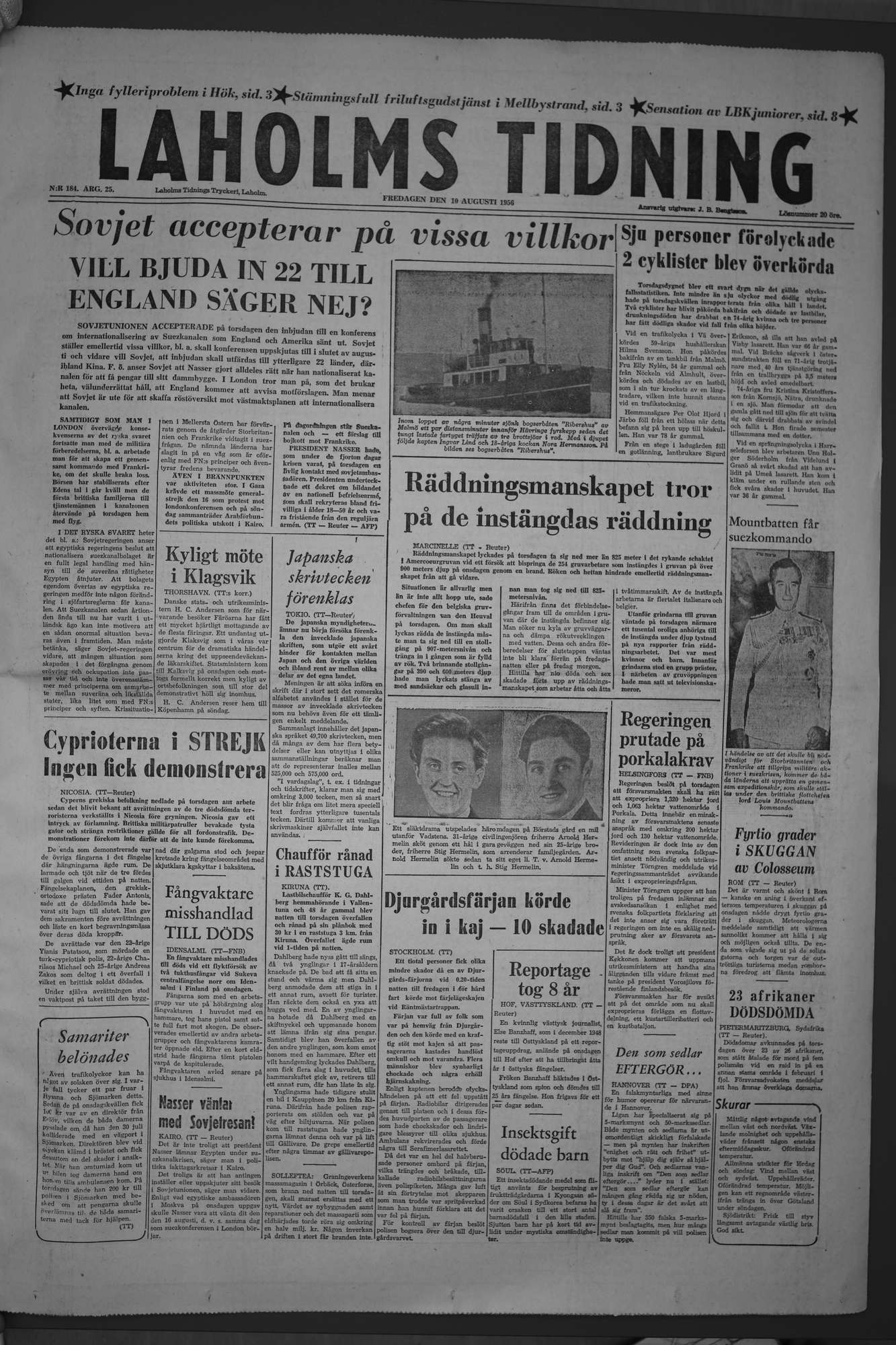 Laholms Tidning Fredag 10 augusti 1956, sida 1