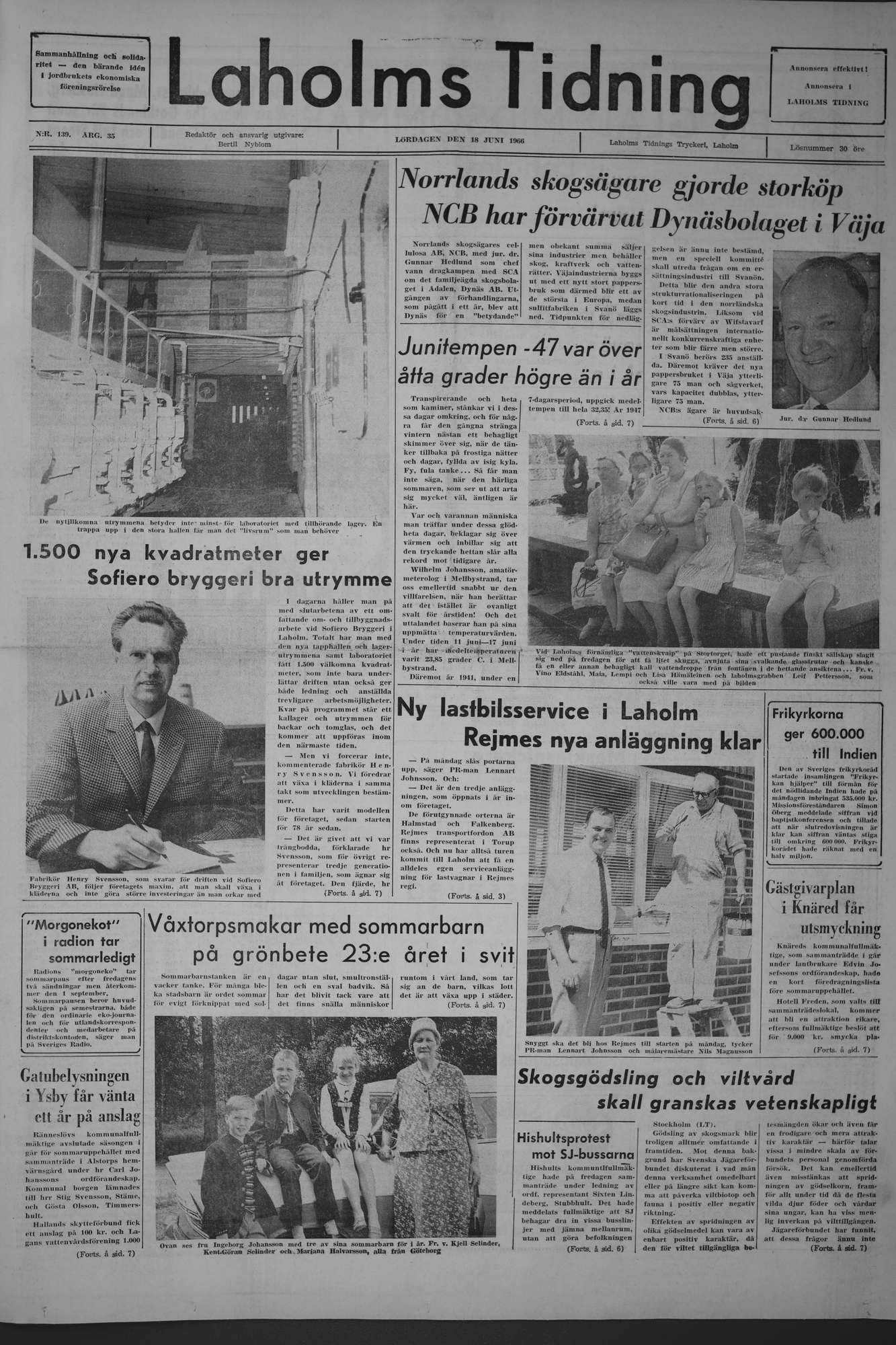 Laholms Tidning Lördag 18 juni 1966, sida 1