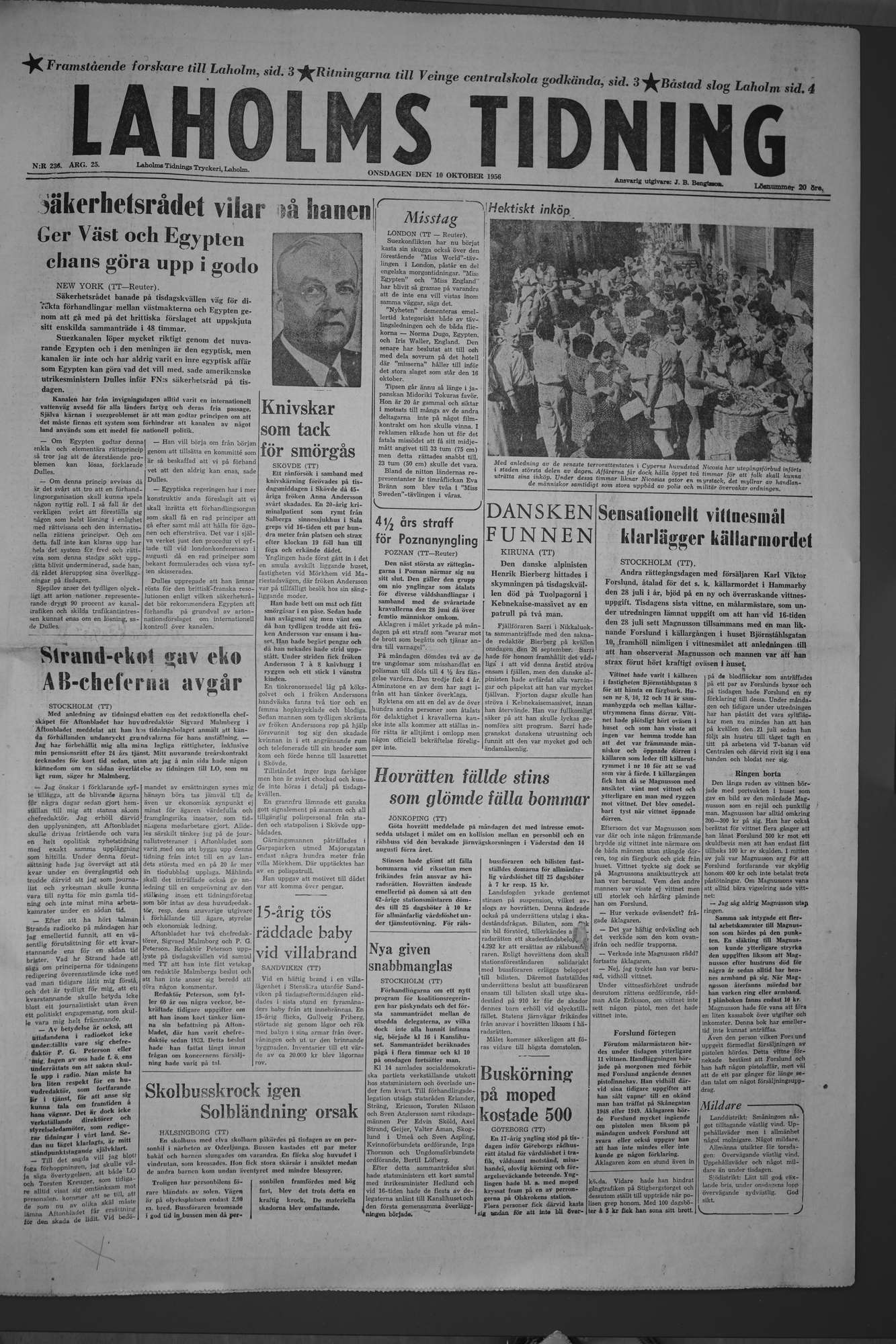Laholms Tidning Onsdag 10 oktober 1956, sida 1