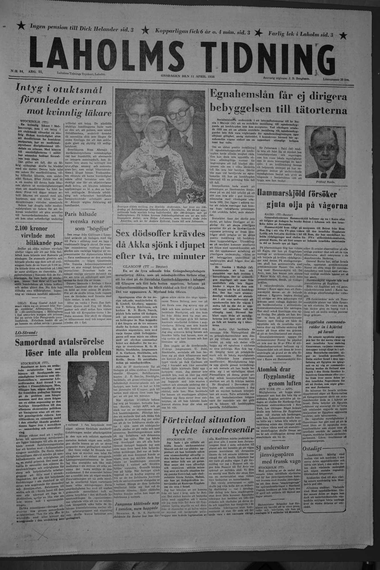 Laholms Tidning Onsdag 11 april 1956, sida 1