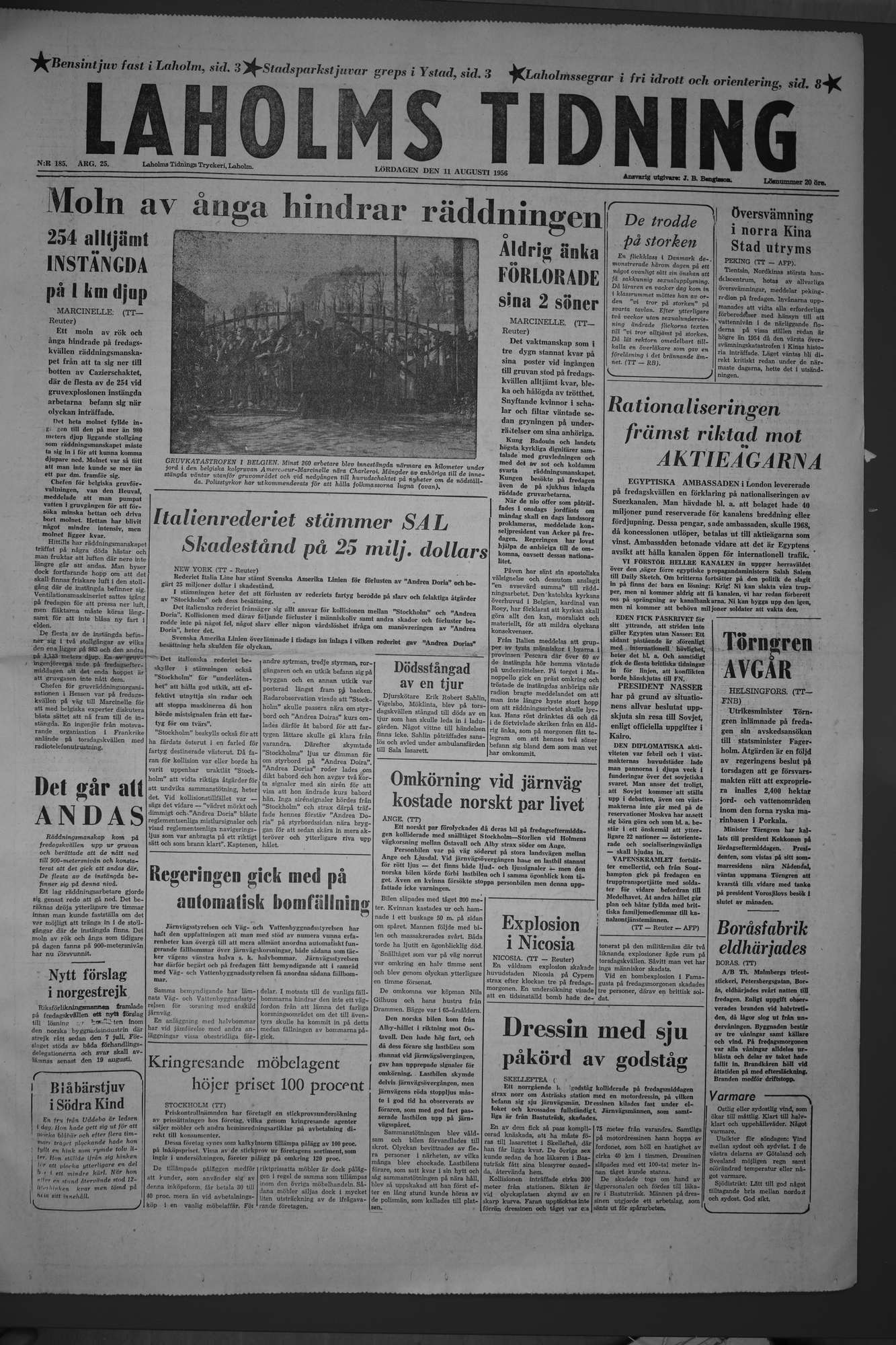 Laholms Tidning Lördag 11 augusti 1956, sida 1