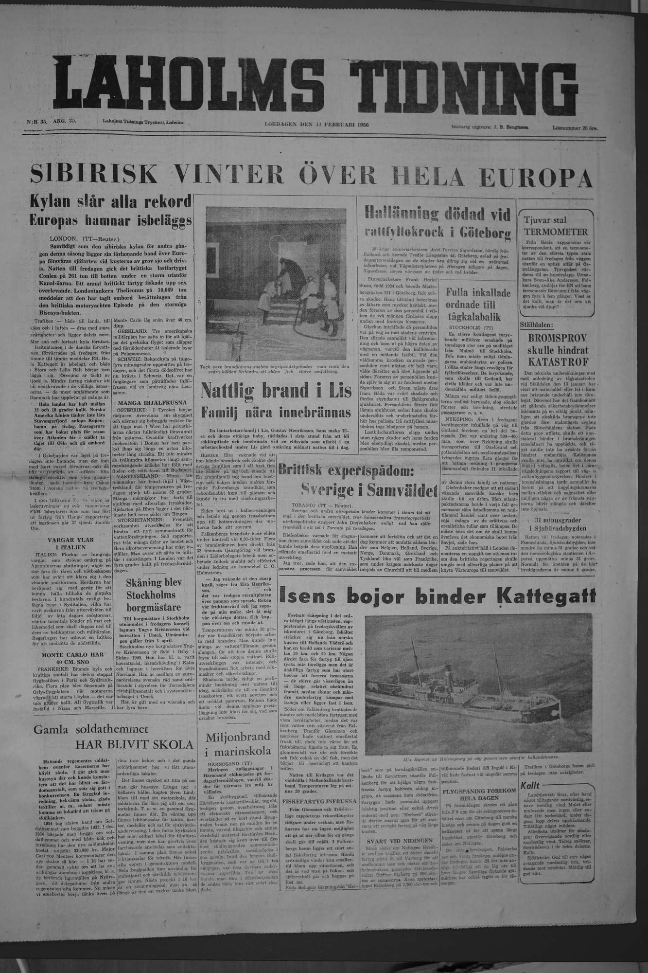 Laholms Tidning Lördag 11 februari 1956, sida 1