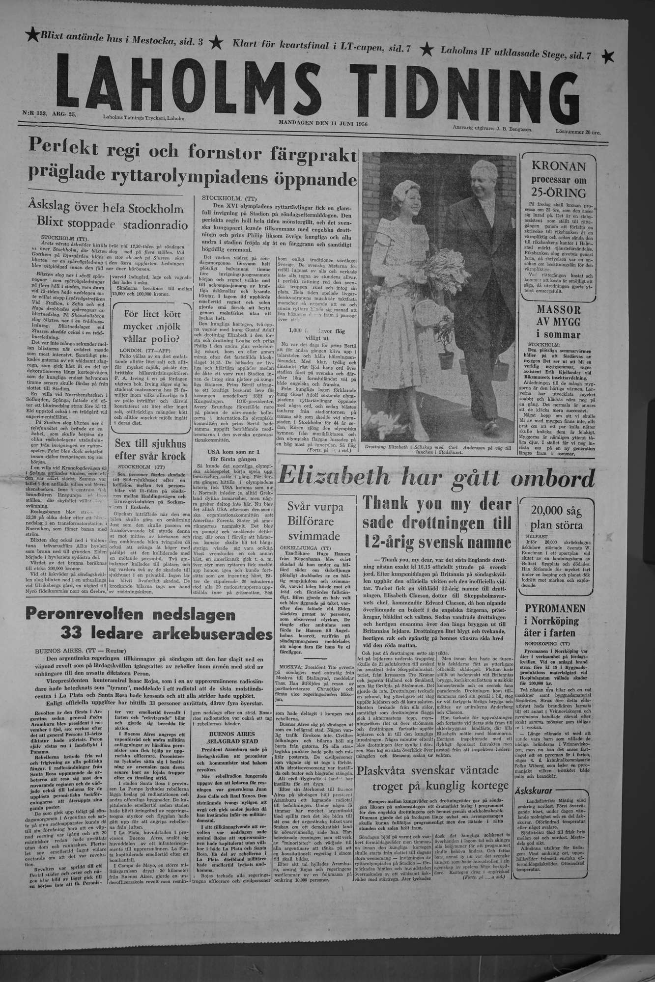 Laholms Tidning Måndag 11 juni 1956, sida 1