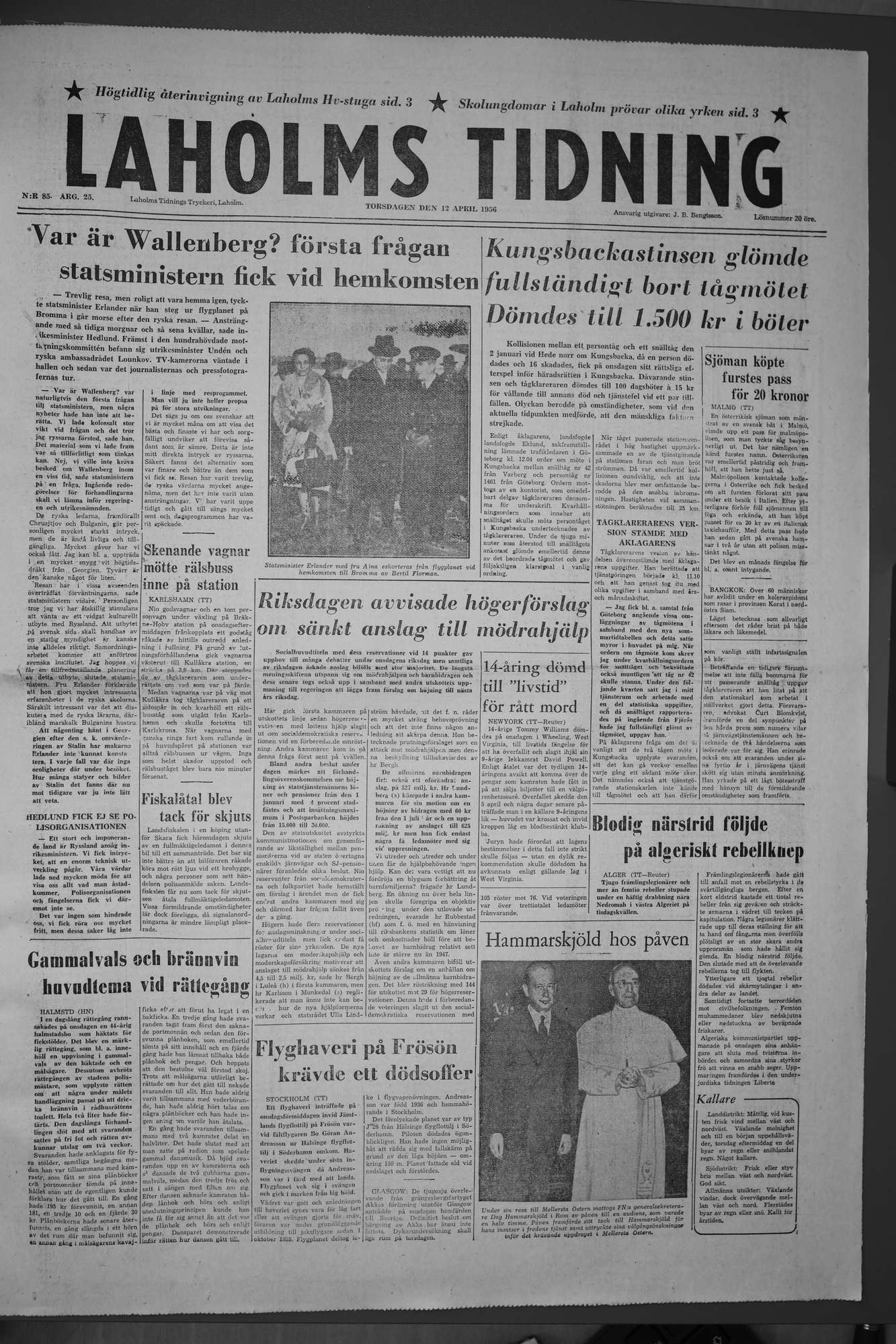 Laholms Tidning Torsdag 12 april 1956, sida 1