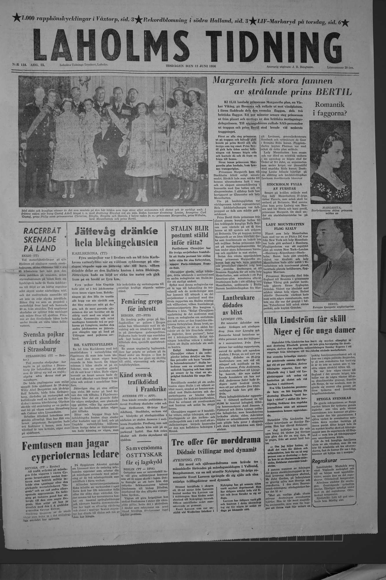 Laholms Tidning Tisdag 12 juni 1956, sida 1