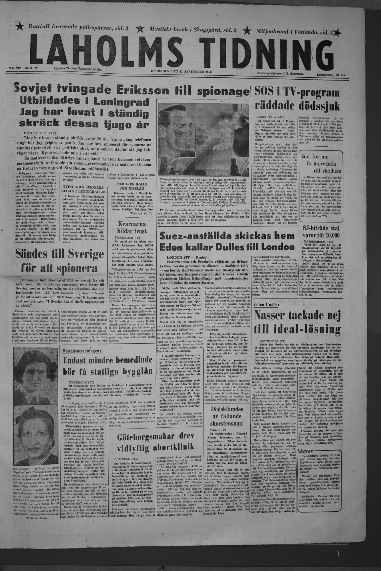 Laholms Tidning Onsdag 12 september 1956, sida 1