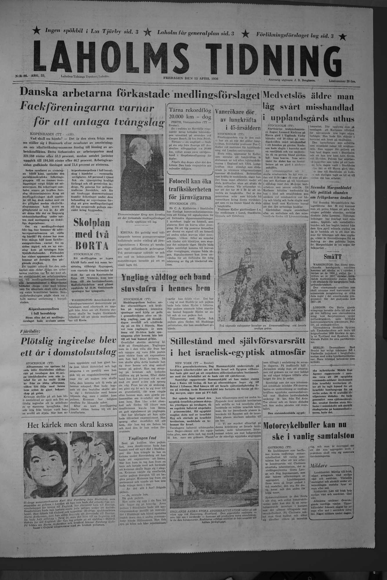 Laholms Tidning Fredag 13 april 1956, sida 1