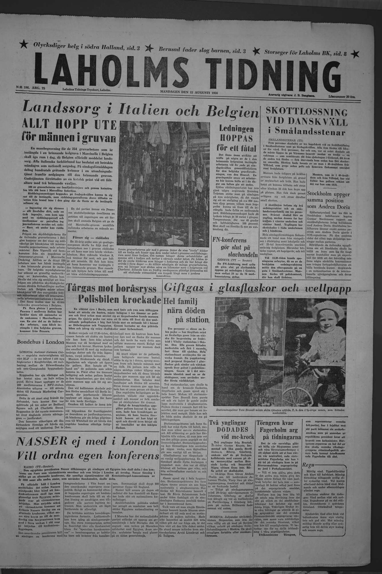 Laholms Tidning Måndag 13 augusti 1956, sida 1