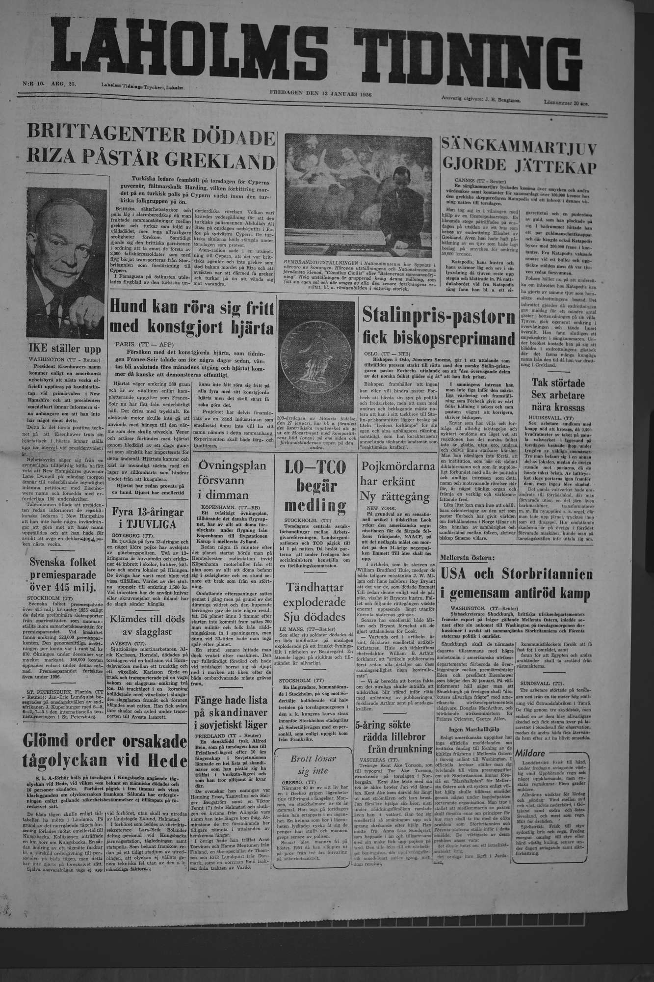 Laholms Tidning Fredag 13 januari 1956, sida 1