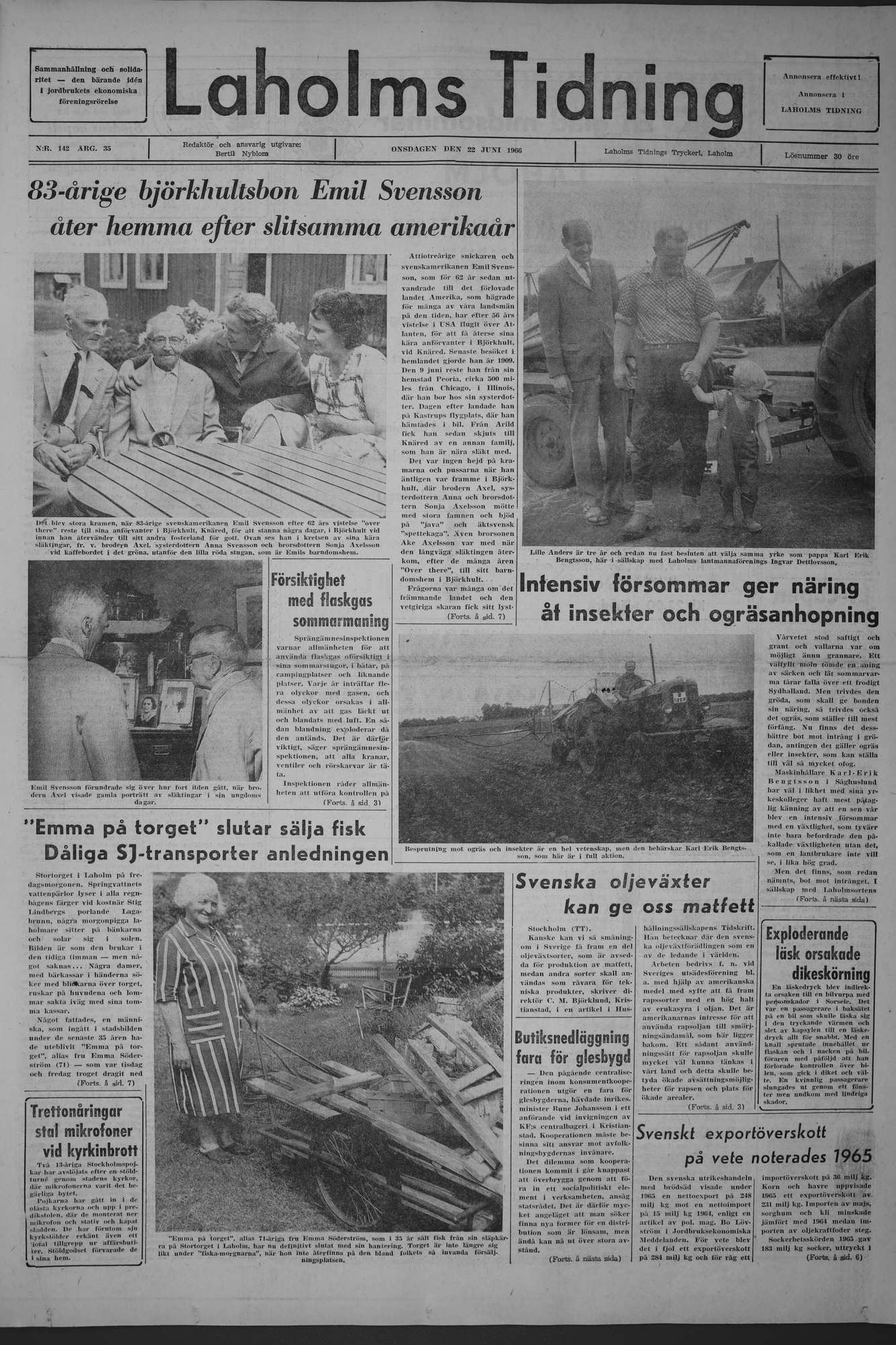 Laholms Tidning Onsdag 22 juni 1966, sida 1