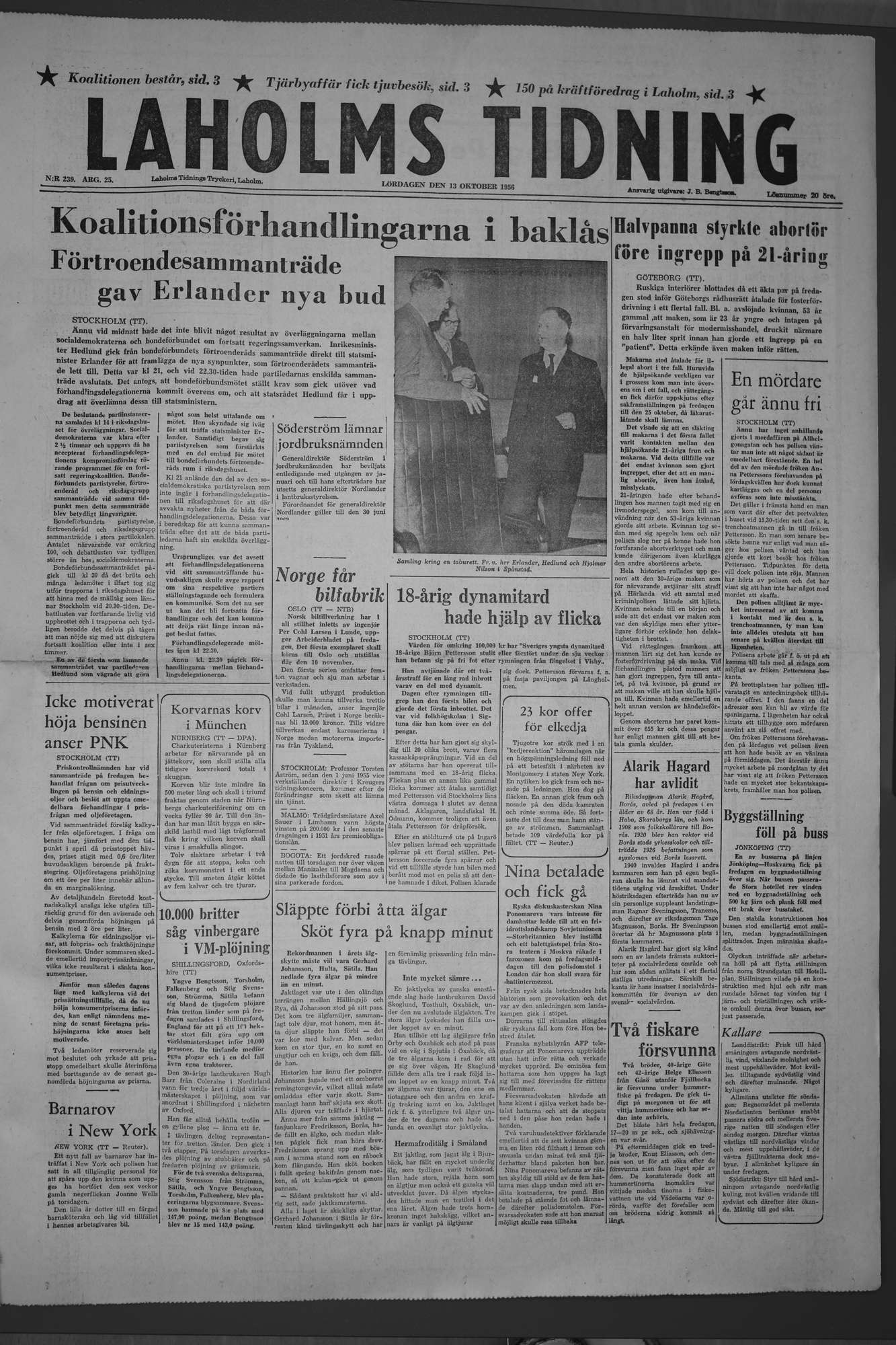 Laholms Tidning Lördag 13 oktober 1956, sida 1