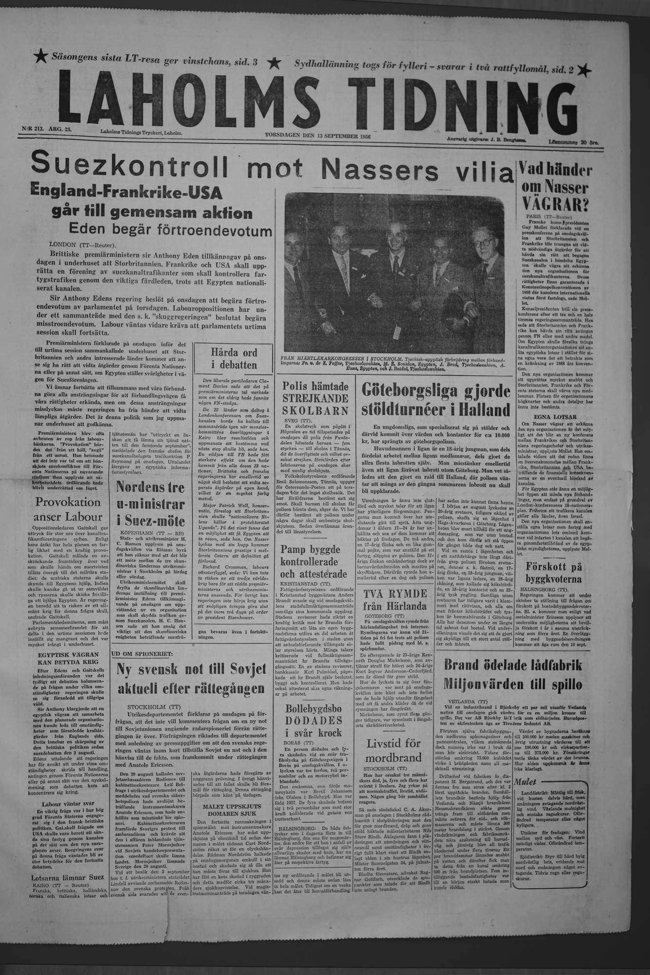 Laholms Tidning Torsdag 13 september 1956, sida 1