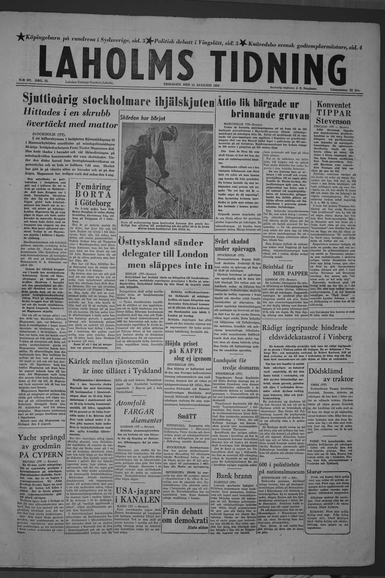 Laholms Tidning Tisdag 14 augusti 1956, sida 1