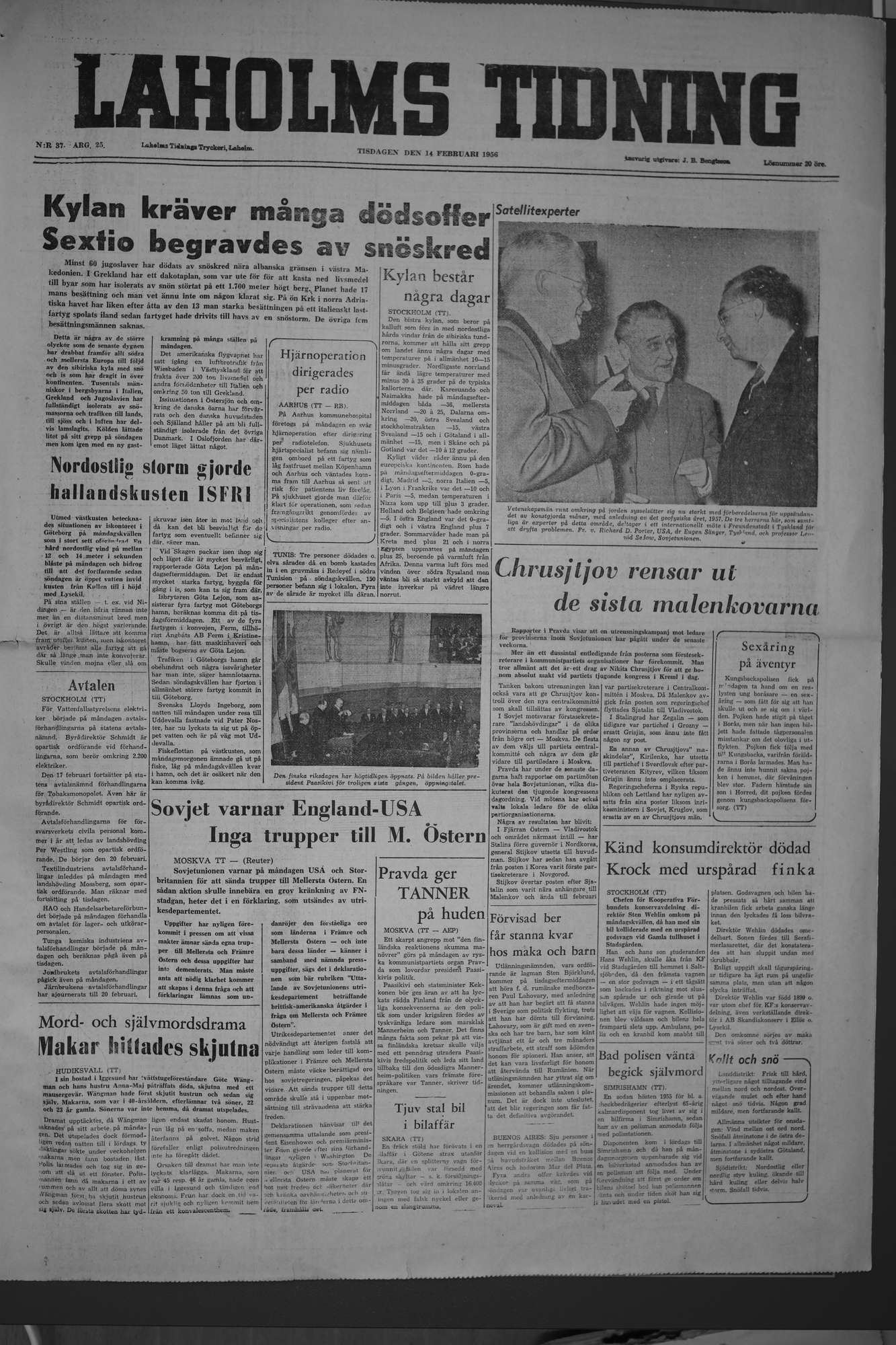 Laholms Tidning Tisdag 14 februari 1956, sida 1
