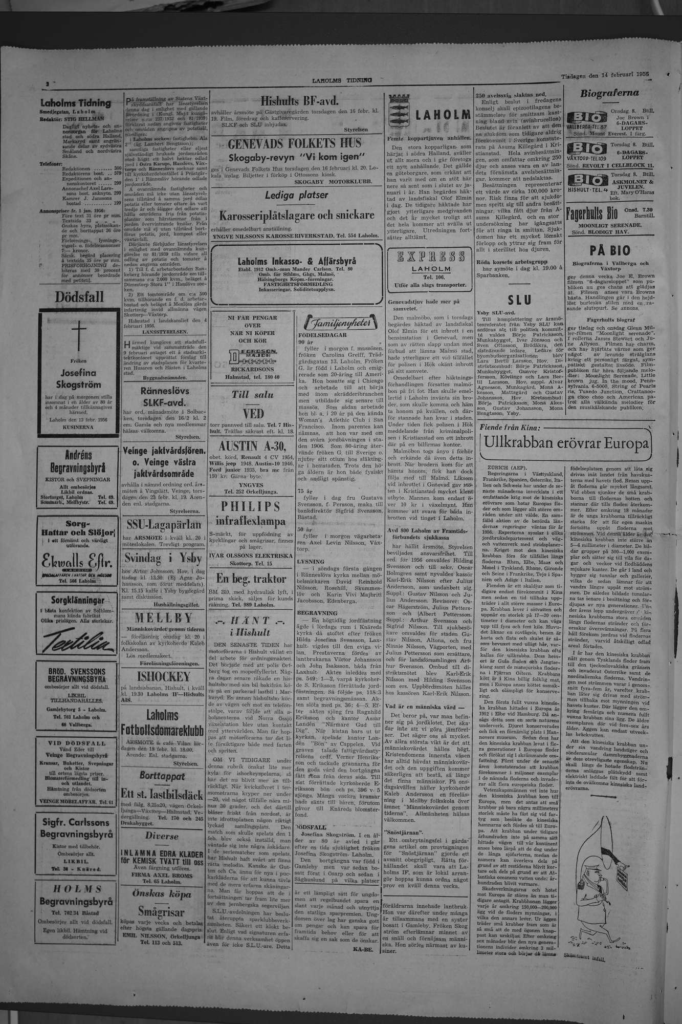 Laholms Tidning Tisdag 14 februari 1956, sida 2