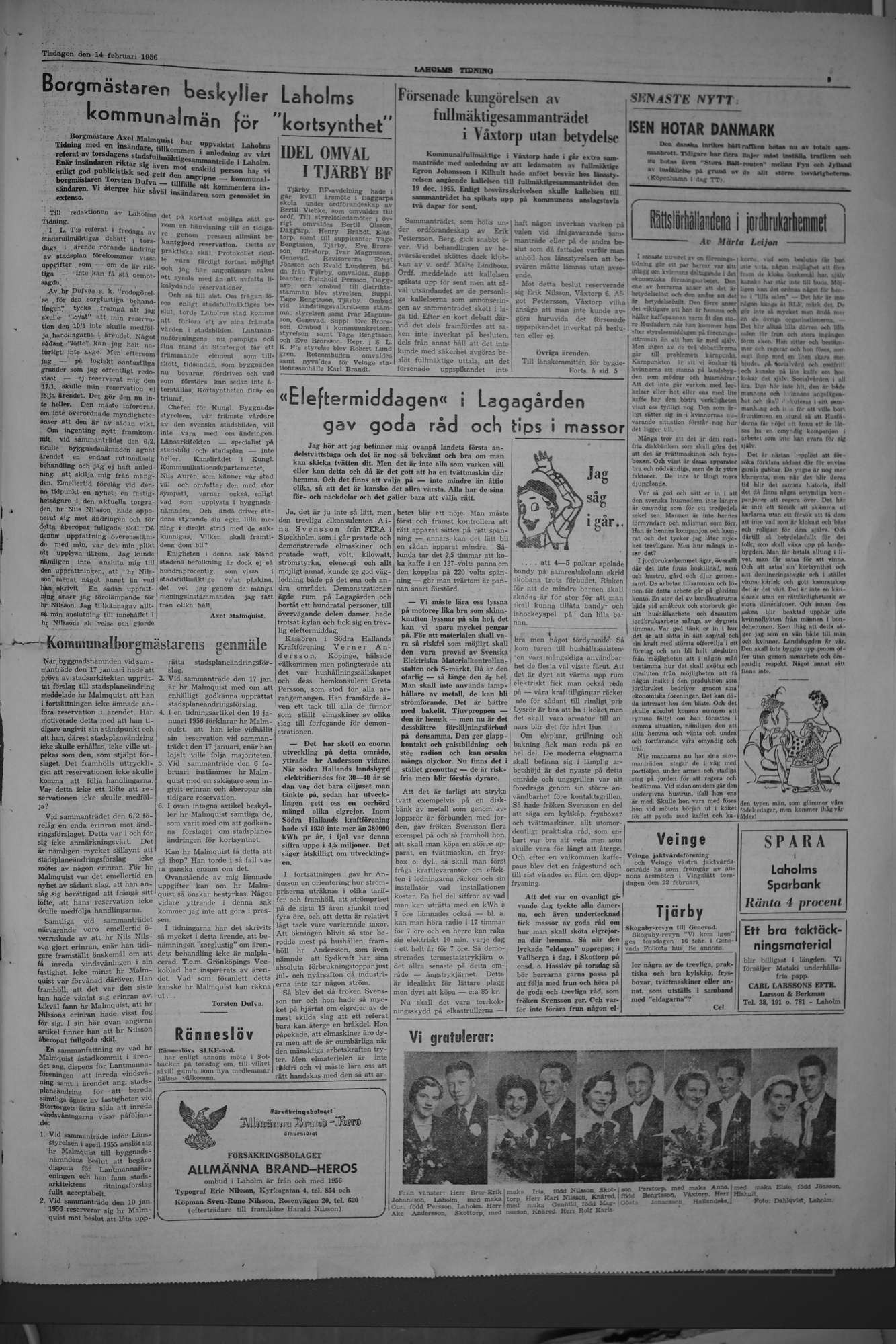 Laholms Tidning Tisdag 14 februari 1956, sida 3