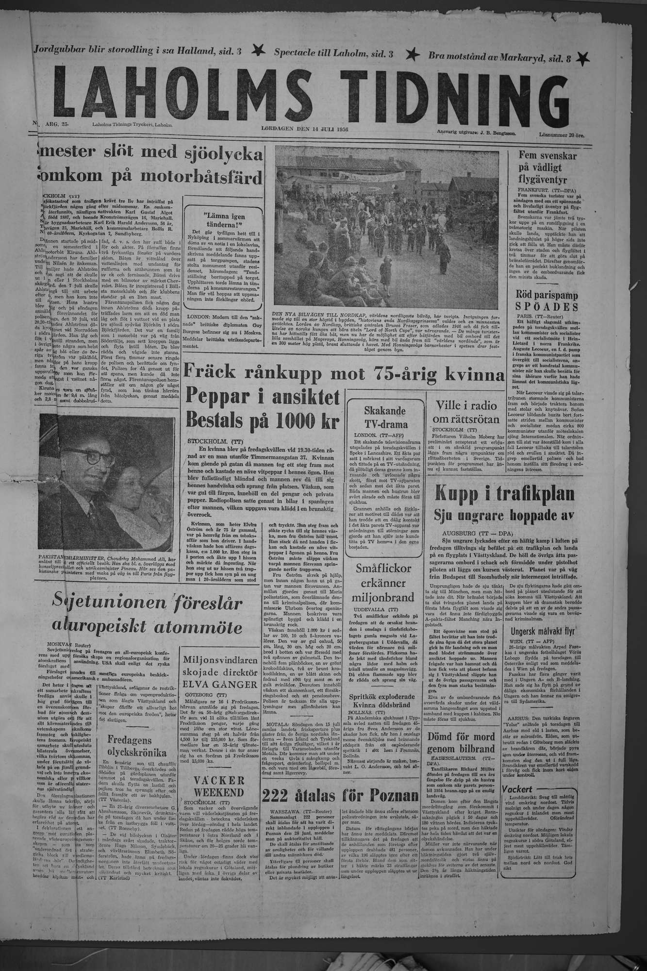 Laholms Tidning Lördag 14 juli 1956, sida 1