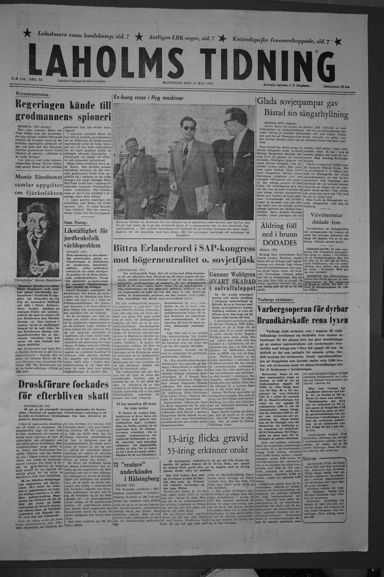 Laholms Tidning Måndag 14 maj 1956, sida 1