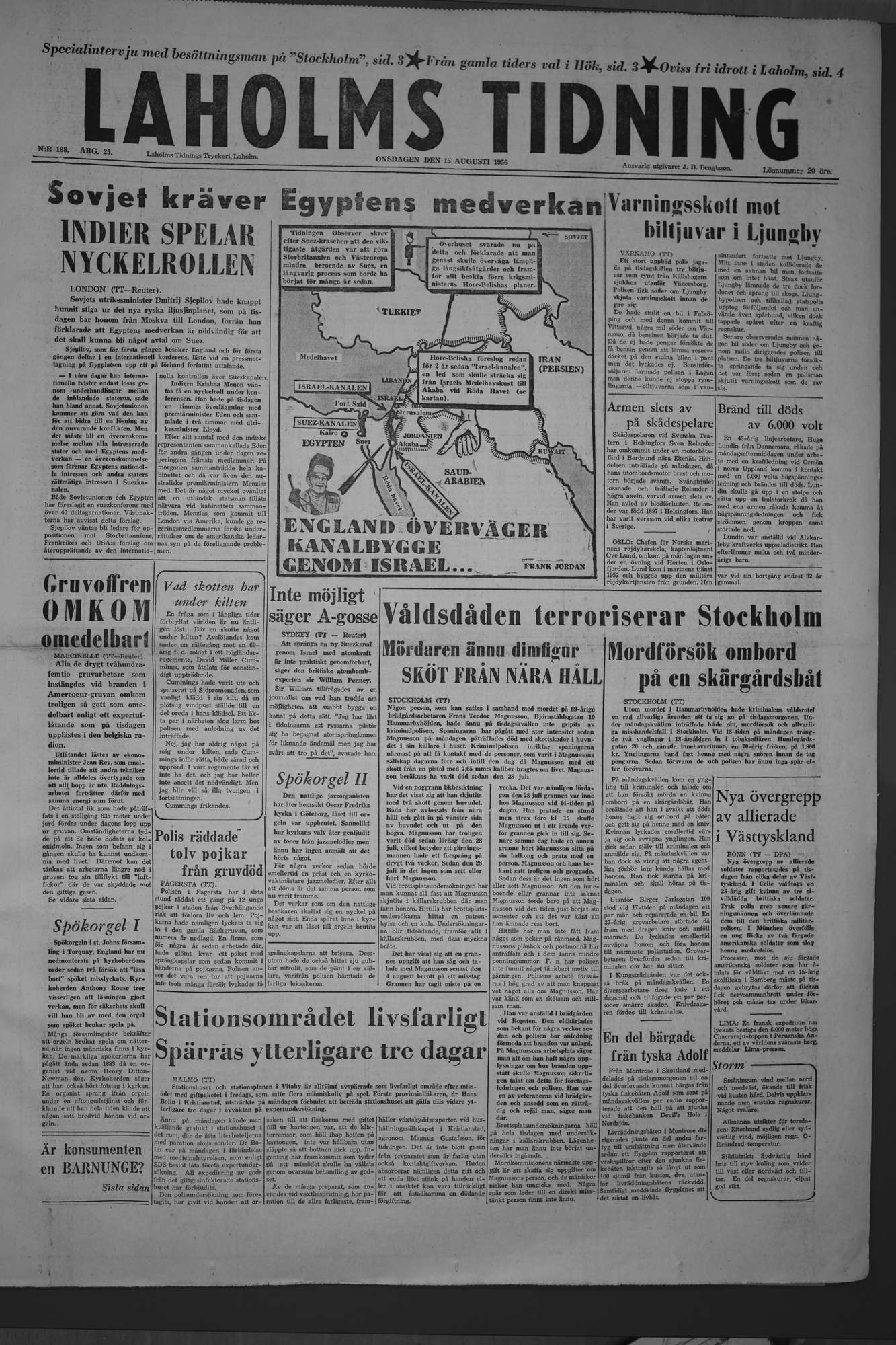 Laholms Tidning Onsdag 15 augusti 1956, sida 1
