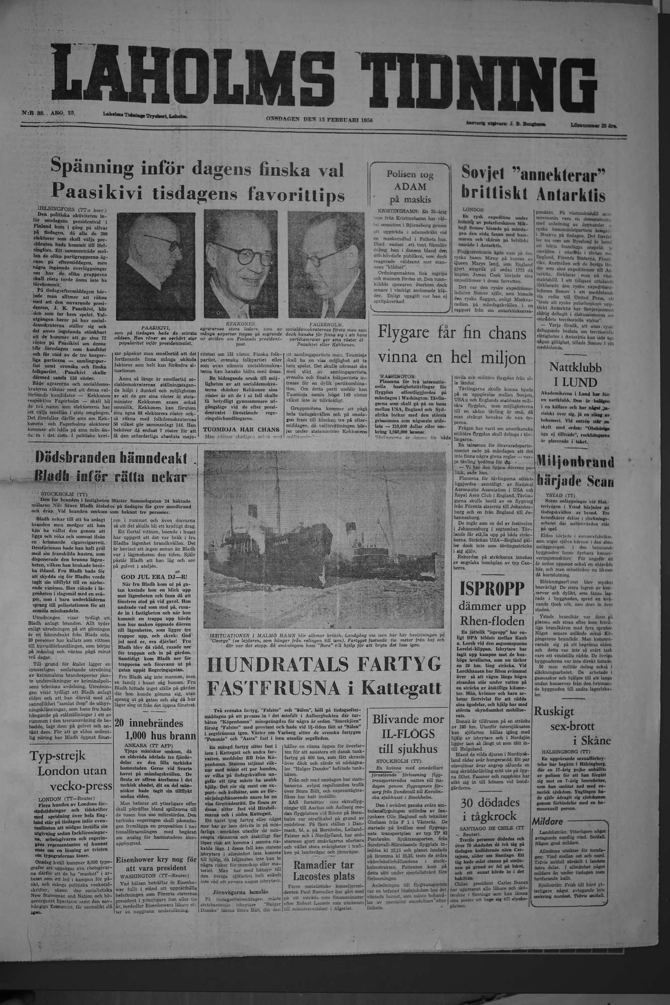 Laholms Tidning Onsdag 15 februari 1956, sida 1