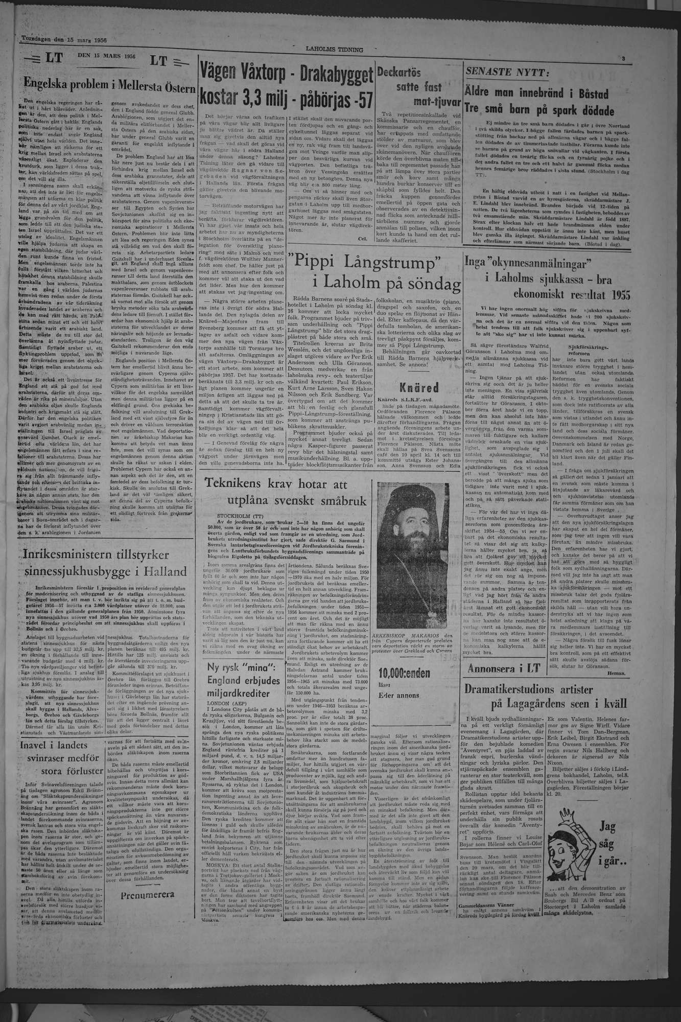 Laholms Tidning Torsdag 15 mars 1956, sida 3
