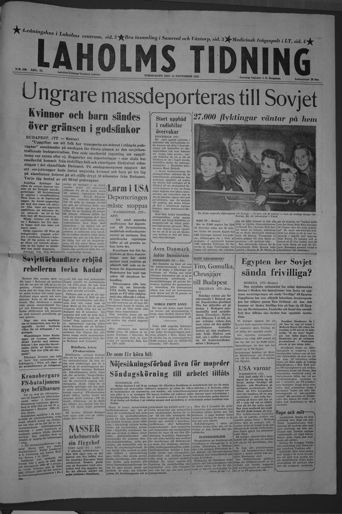 Laholms Tidning Torsdag 15 november 1956, sida 1