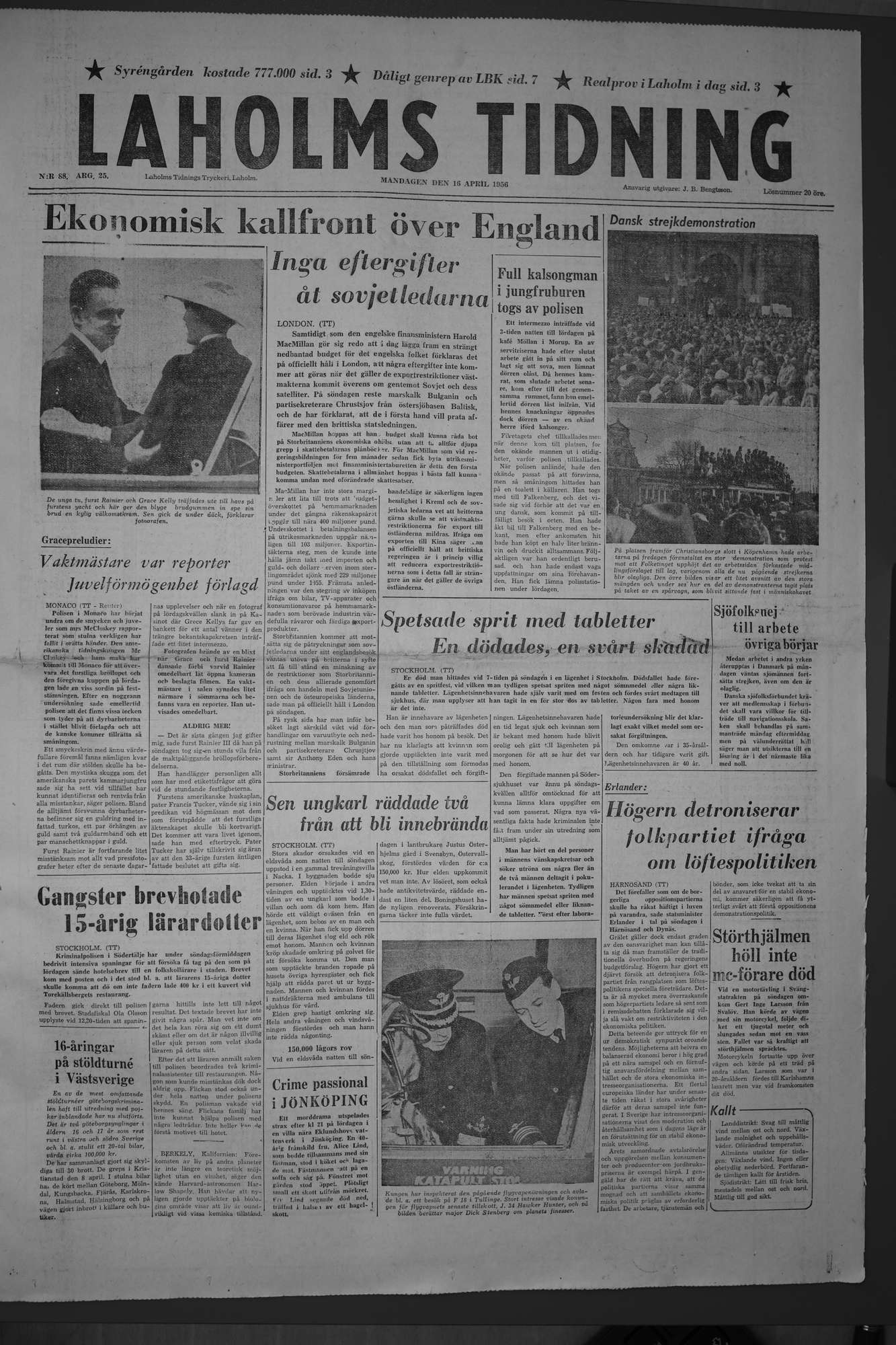 Laholms Tidning Måndag 16 april 1956, sida 1