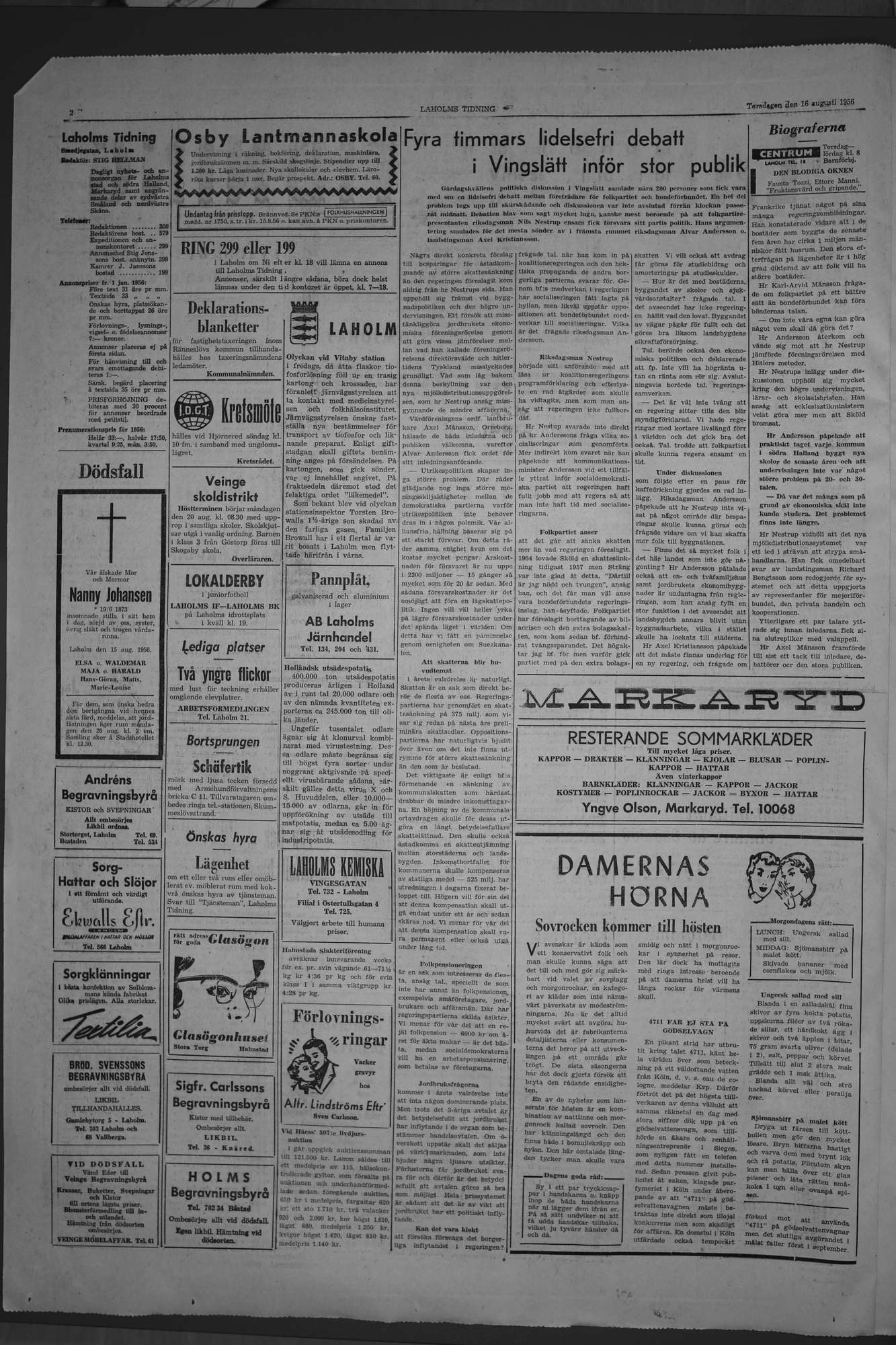 Laholms Tidning Torsdag 16 augusti 1956, sida 2