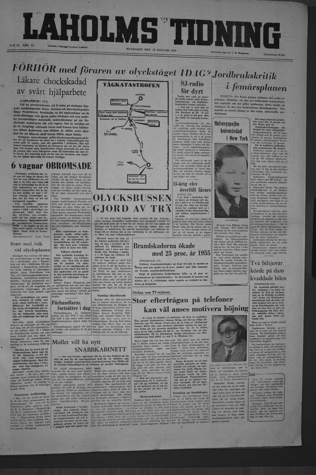 Laholms Tidning Måndag 16 januari 1956, sida 1