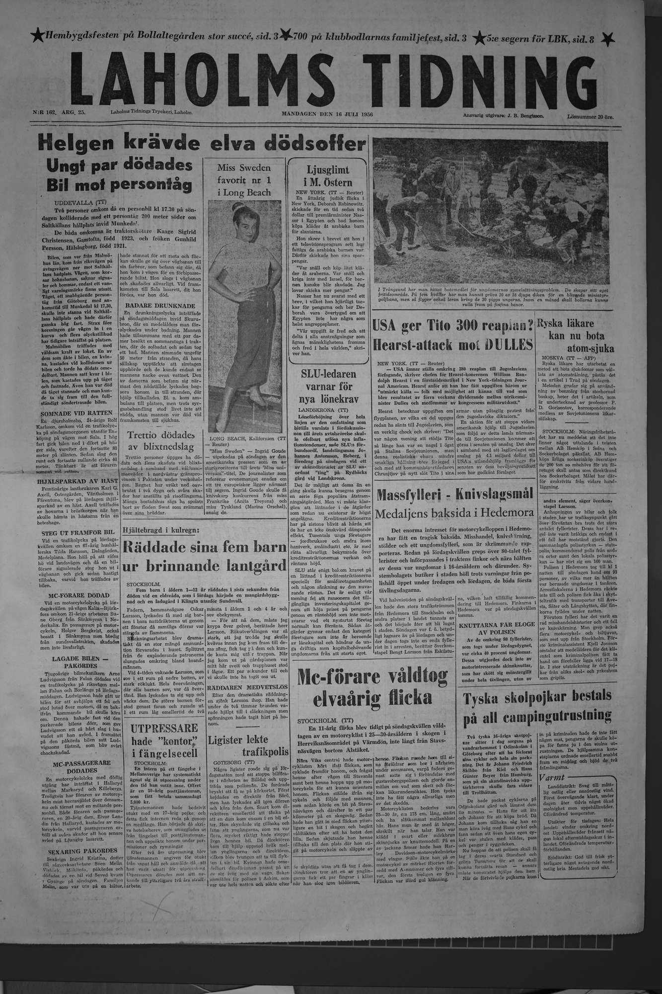 Laholms Tidning Måndag 16 juli 1956, sida 1