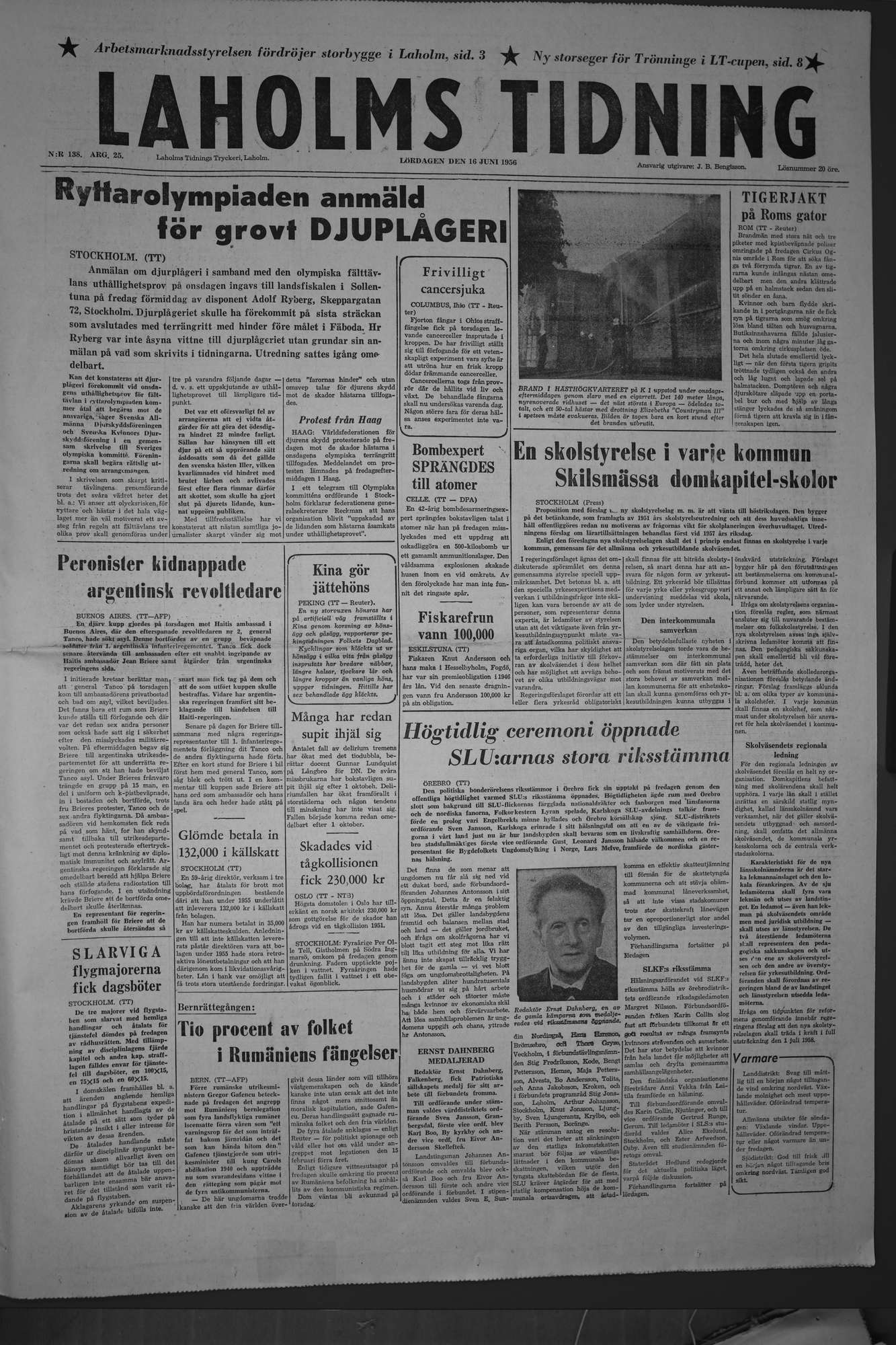 Laholms Tidning Lördag 16 juni 1956, sida 1