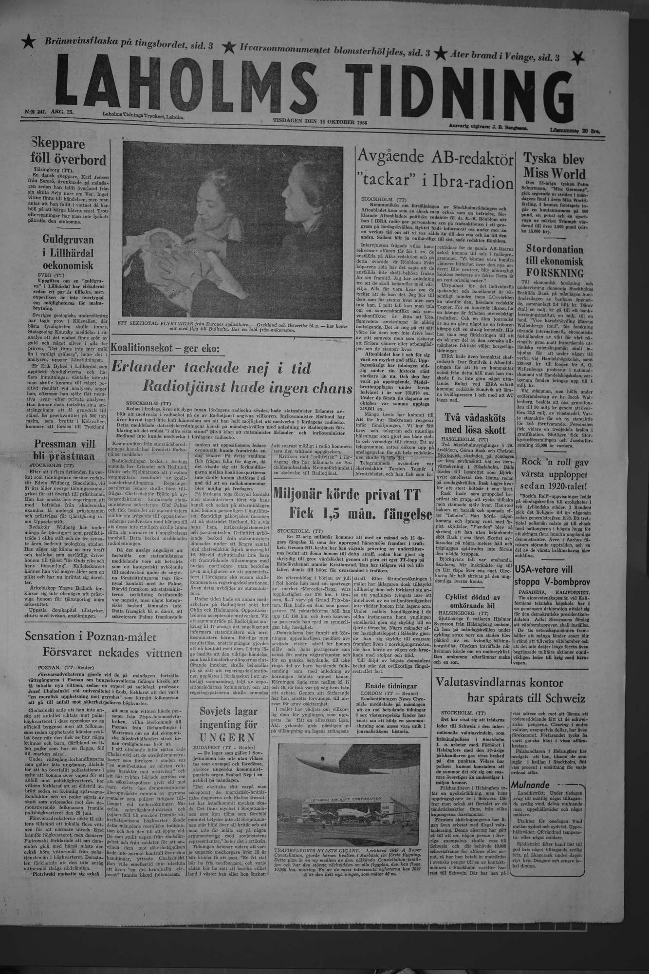 Laholms Tidning Tisdag 16 oktober 1956, sida 1