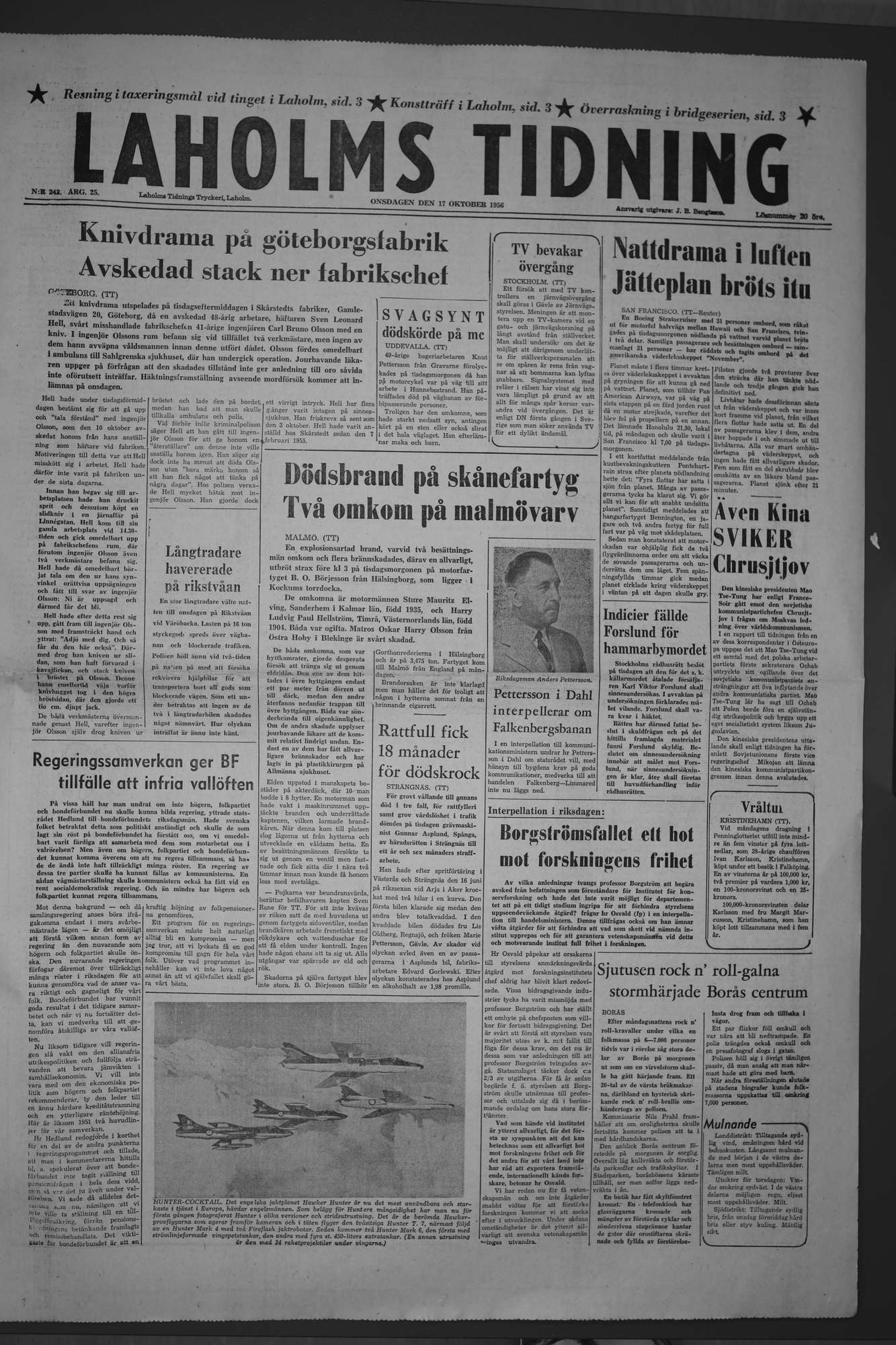Laholms Tidning Onsdag 17 oktober 1956, sida 1