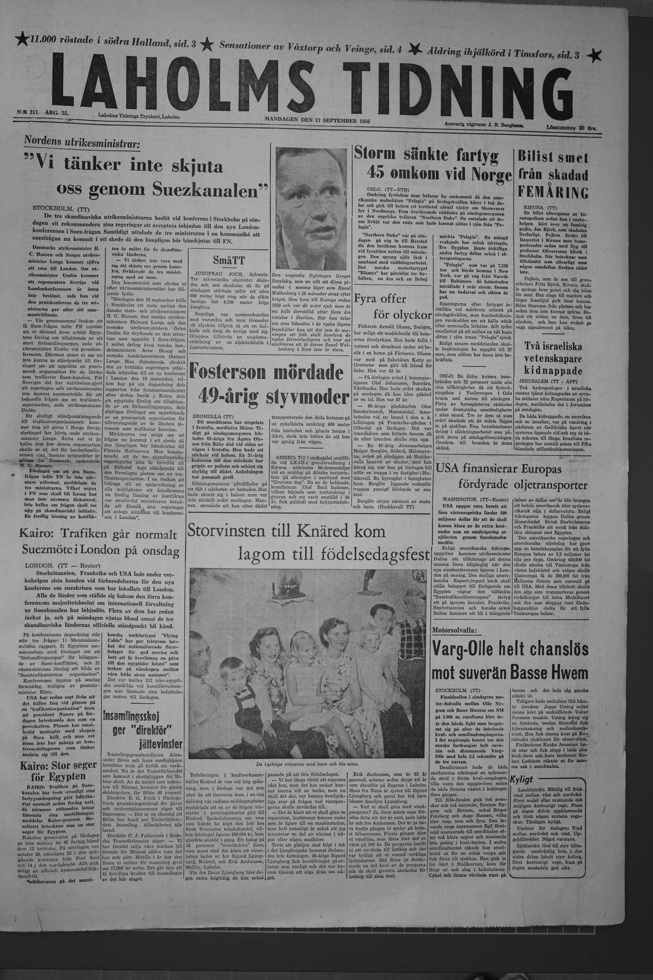 Laholms Tidning Måndag 17 september 1956, sida 1
