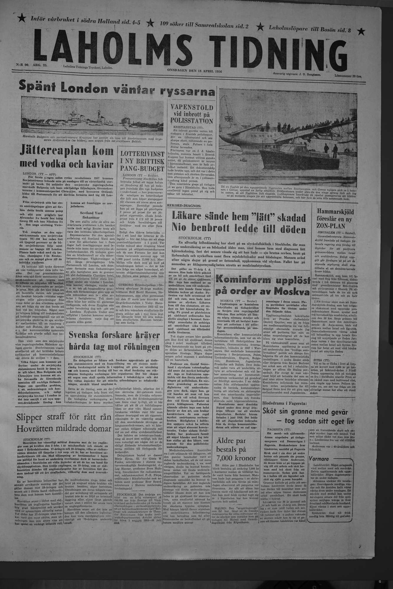 Laholms Tidning Onsdag 18 april 1956, sida 1