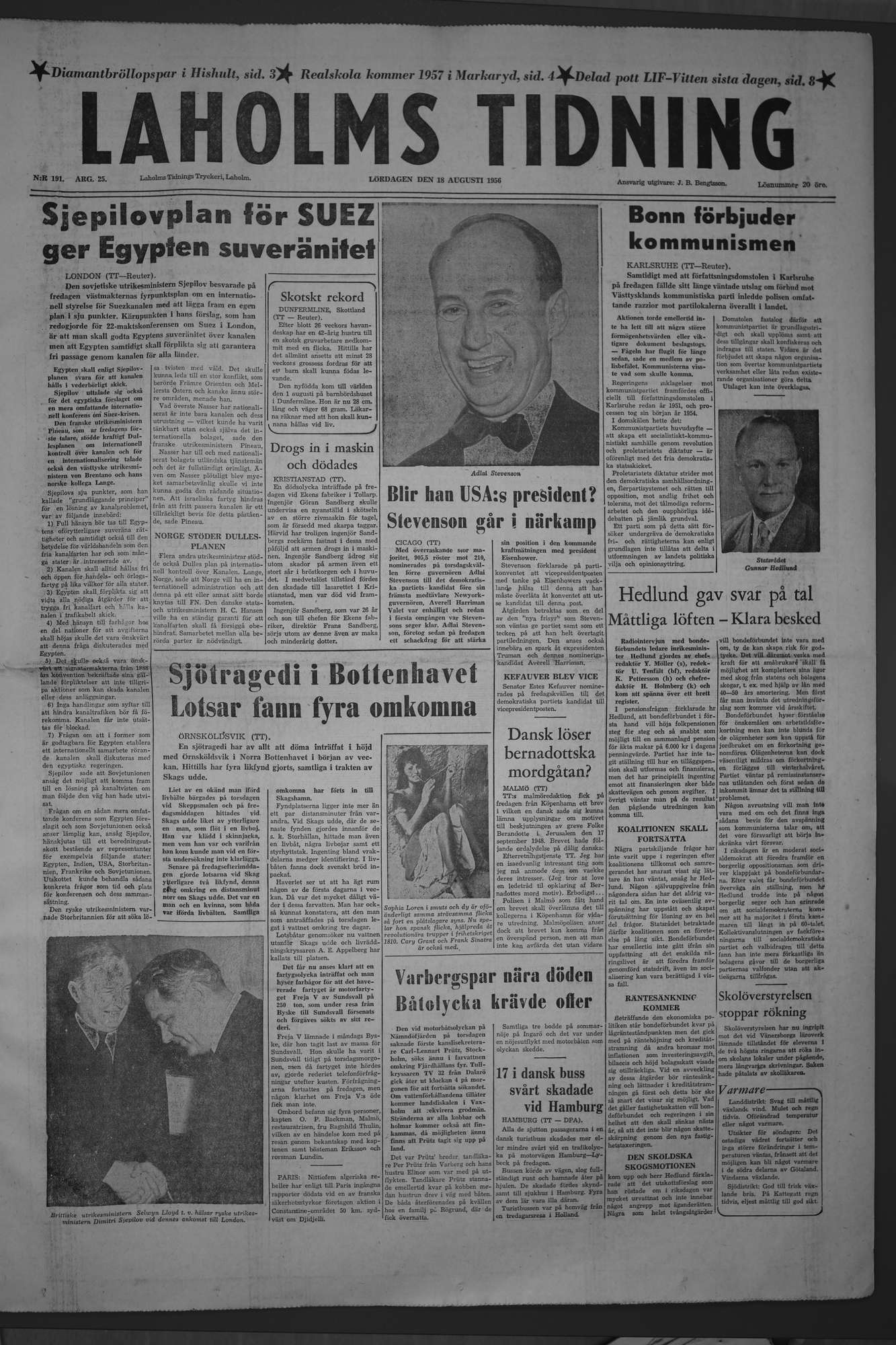 Laholms Tidning Lördag 18 augusti 1956, sida 1