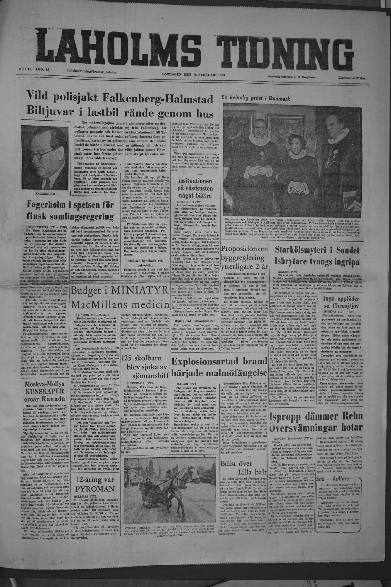 Laholms Tidning Lördag 18 februari 1956, sida 1