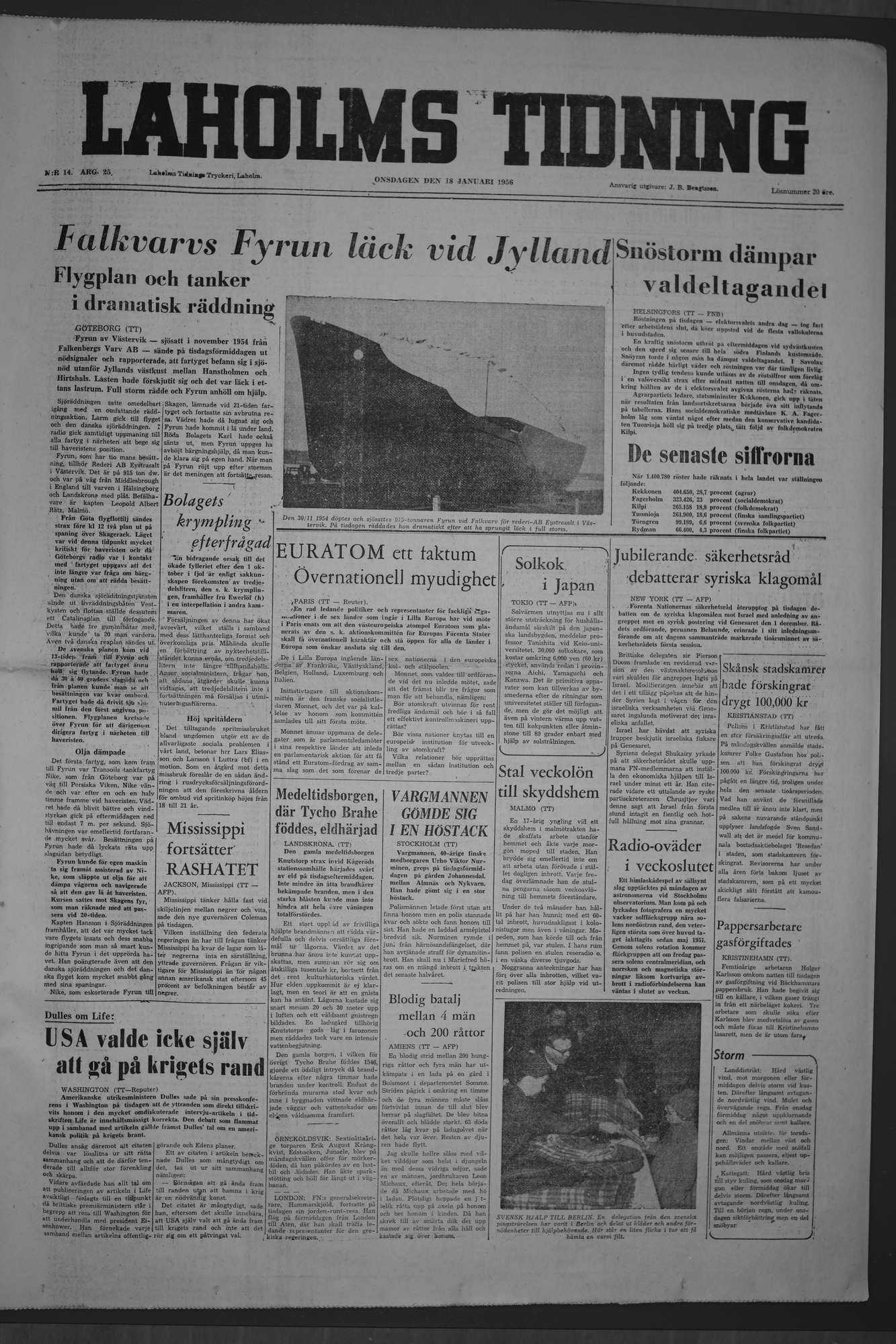 Laholms Tidning Onsdag 18 januari 1956, sida 1