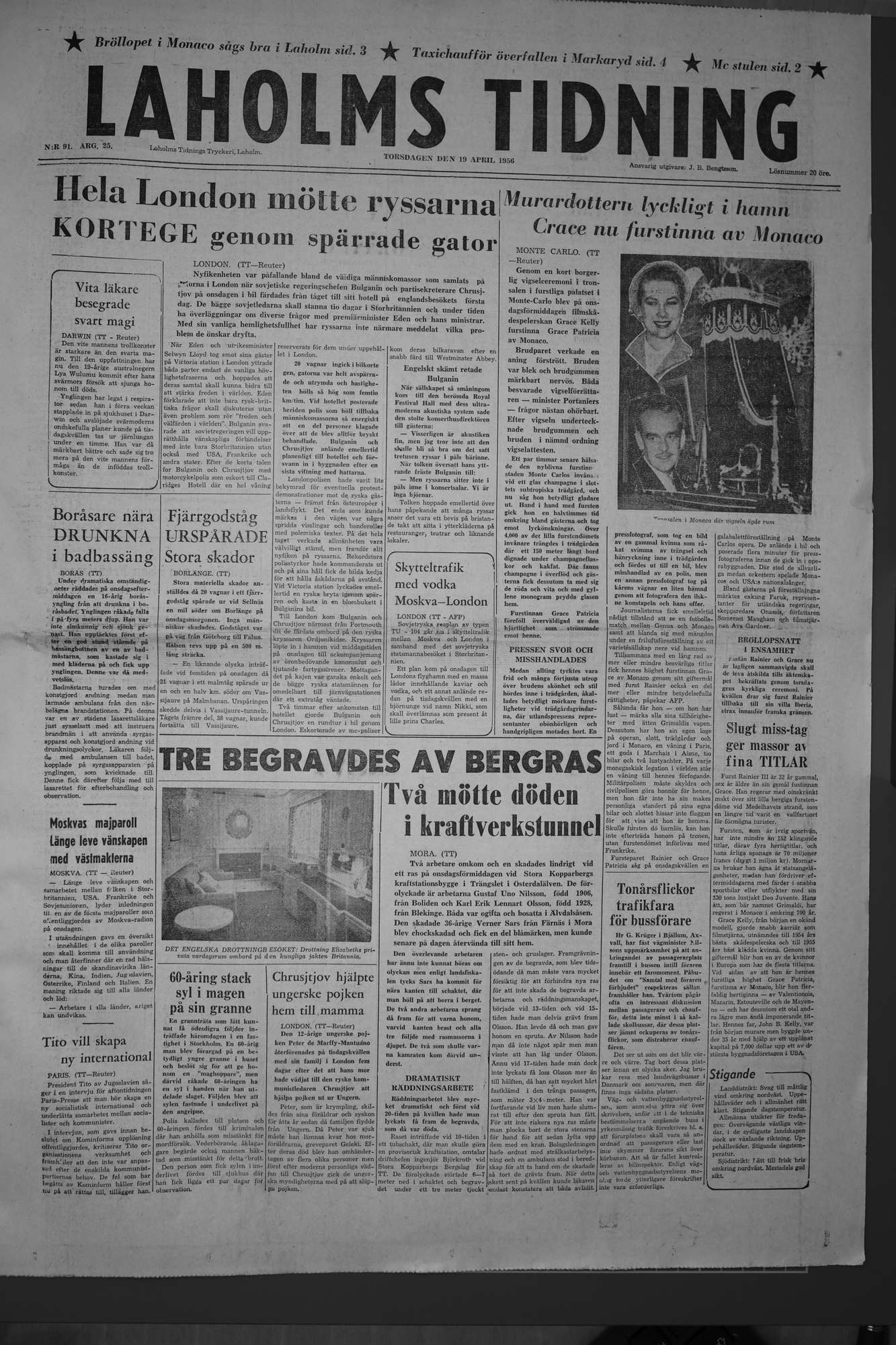 Laholms Tidning Torsdag 19 april 1956, sida 1