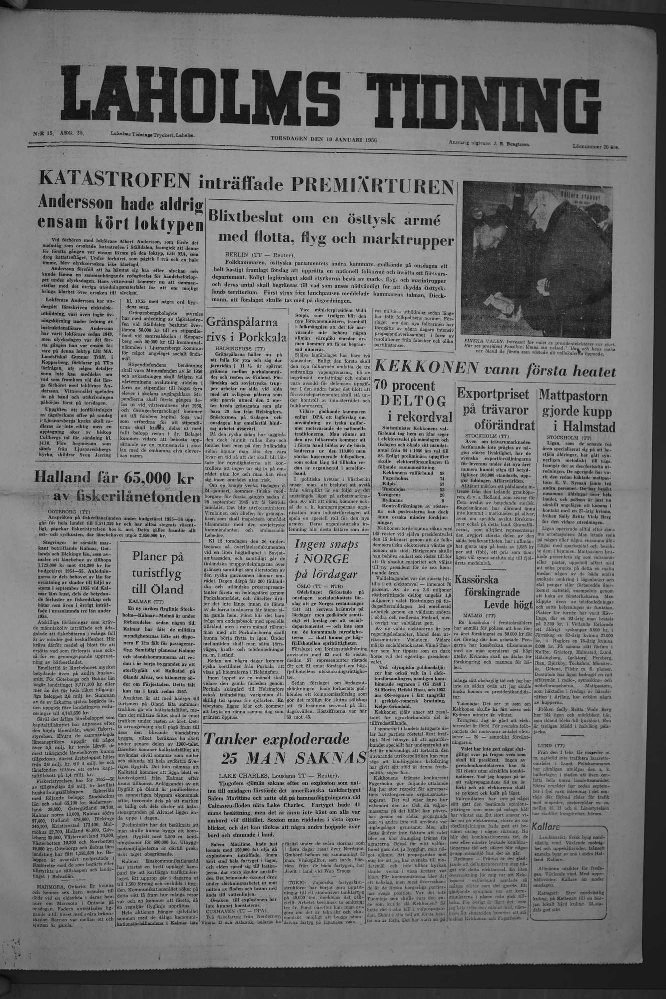 Laholms Tidning Torsdag 19 januari 1956, sida 1