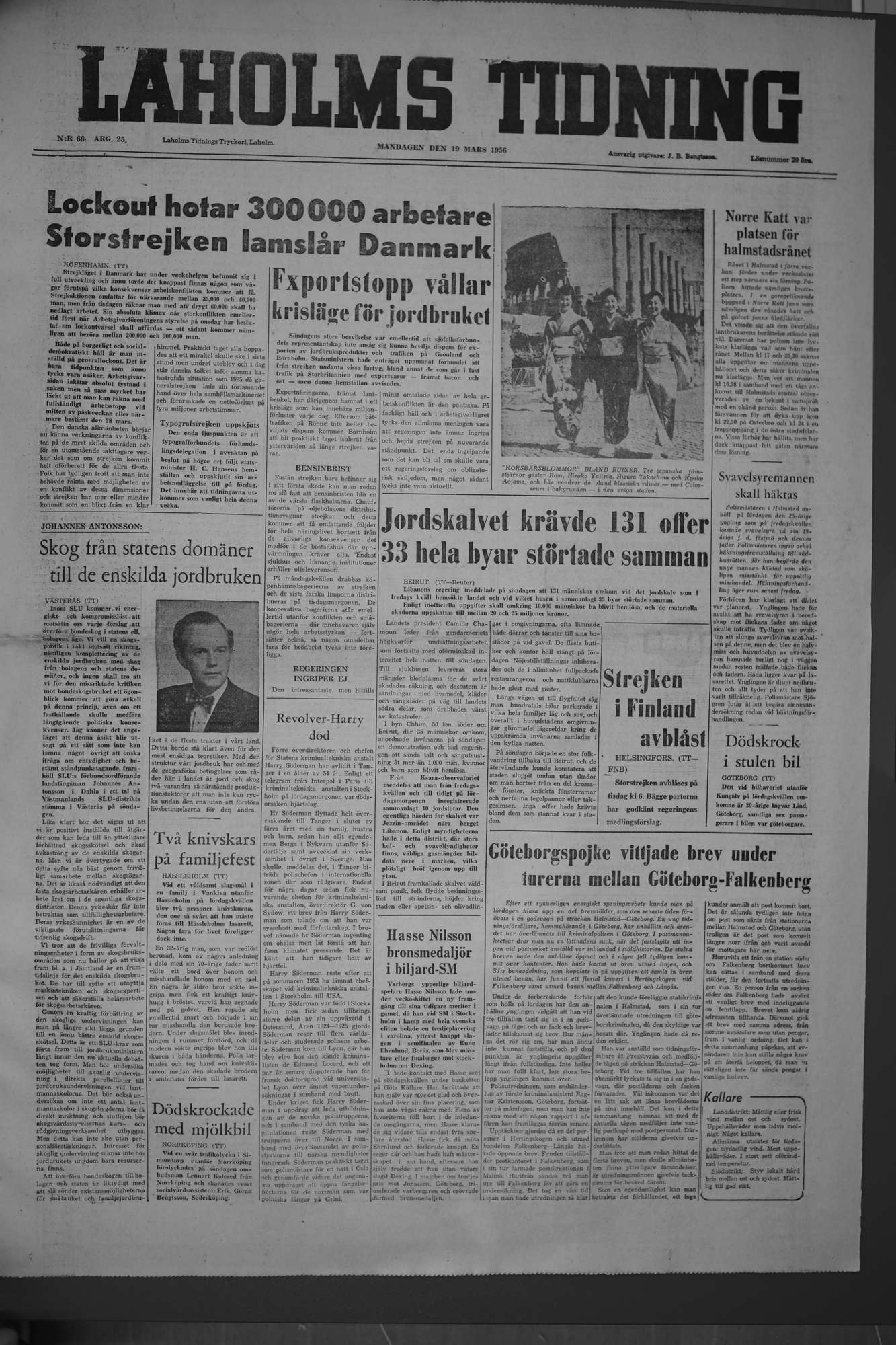 Laholms Tidning Måndag 19 mars 1956, sida 1