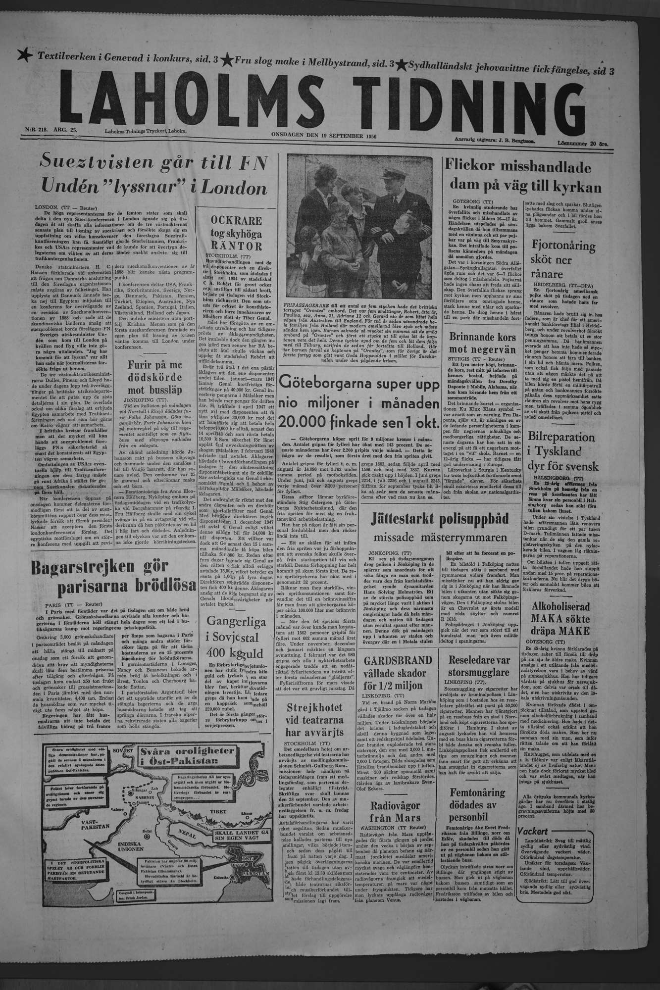 Laholms Tidning Onsdag 19 september 1956, sida 1